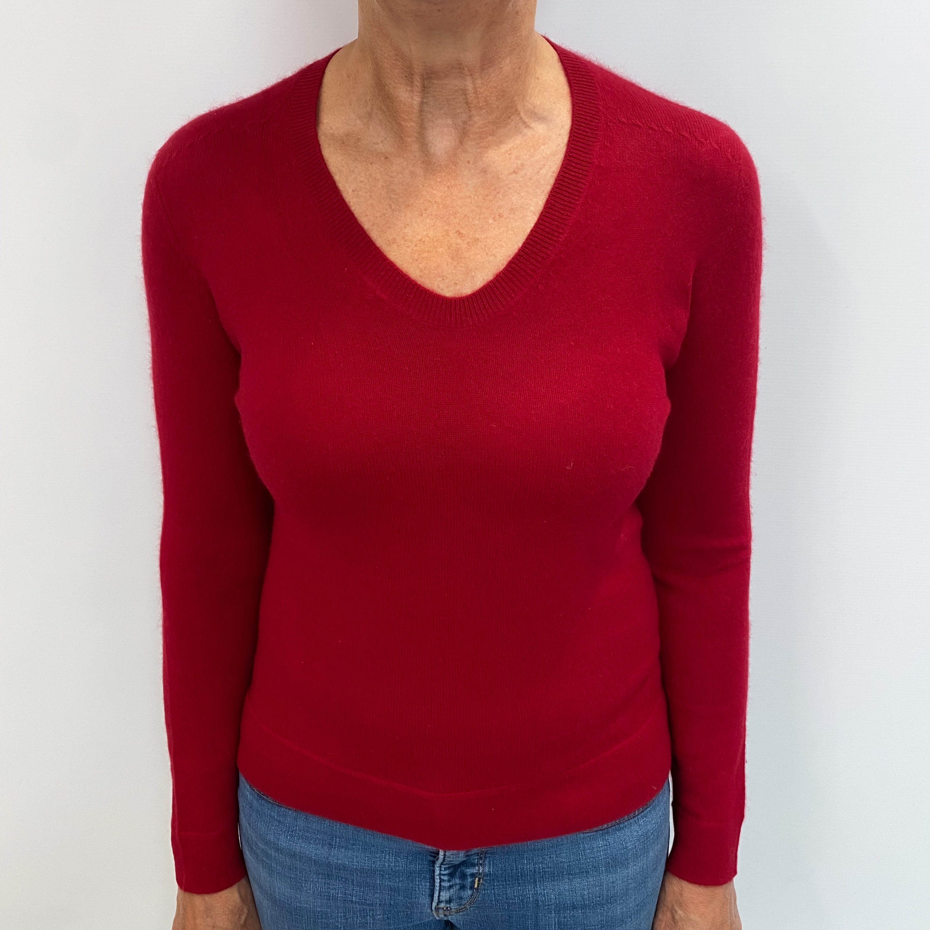 Crimson Red Cashmere V Neck Jumper Medium