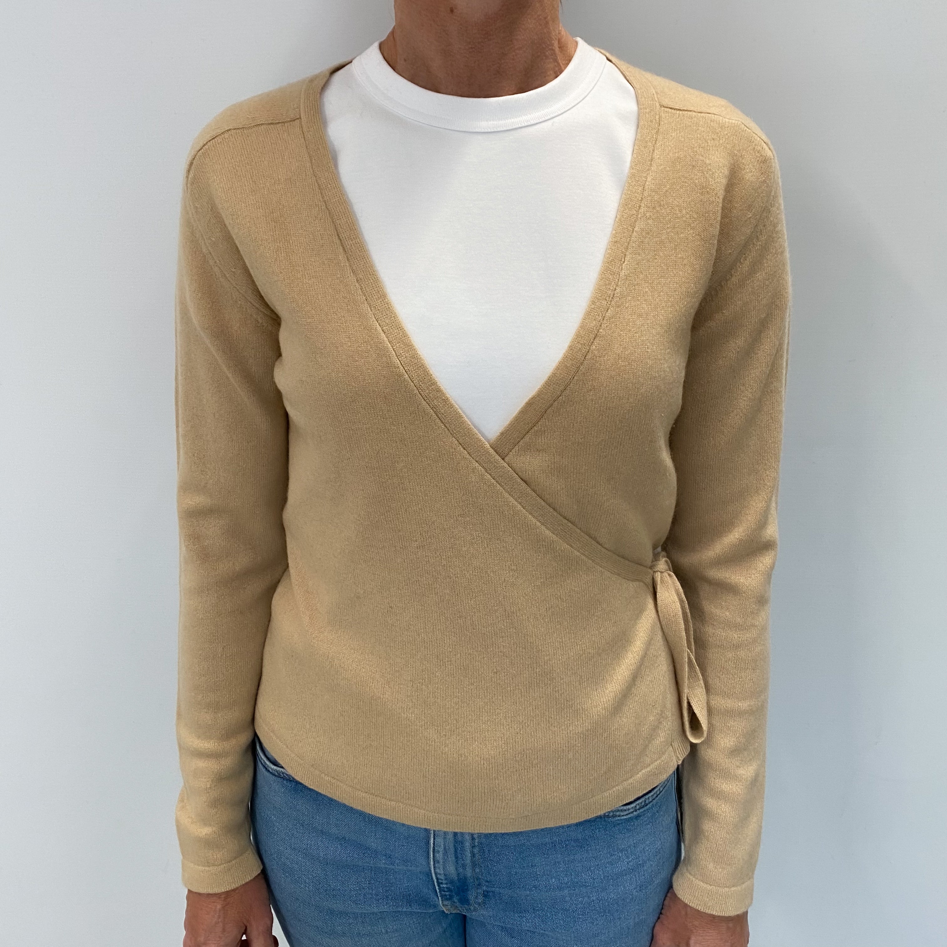 Sand Beige Cashmere V Neck Tie Wrap Cardigan Small