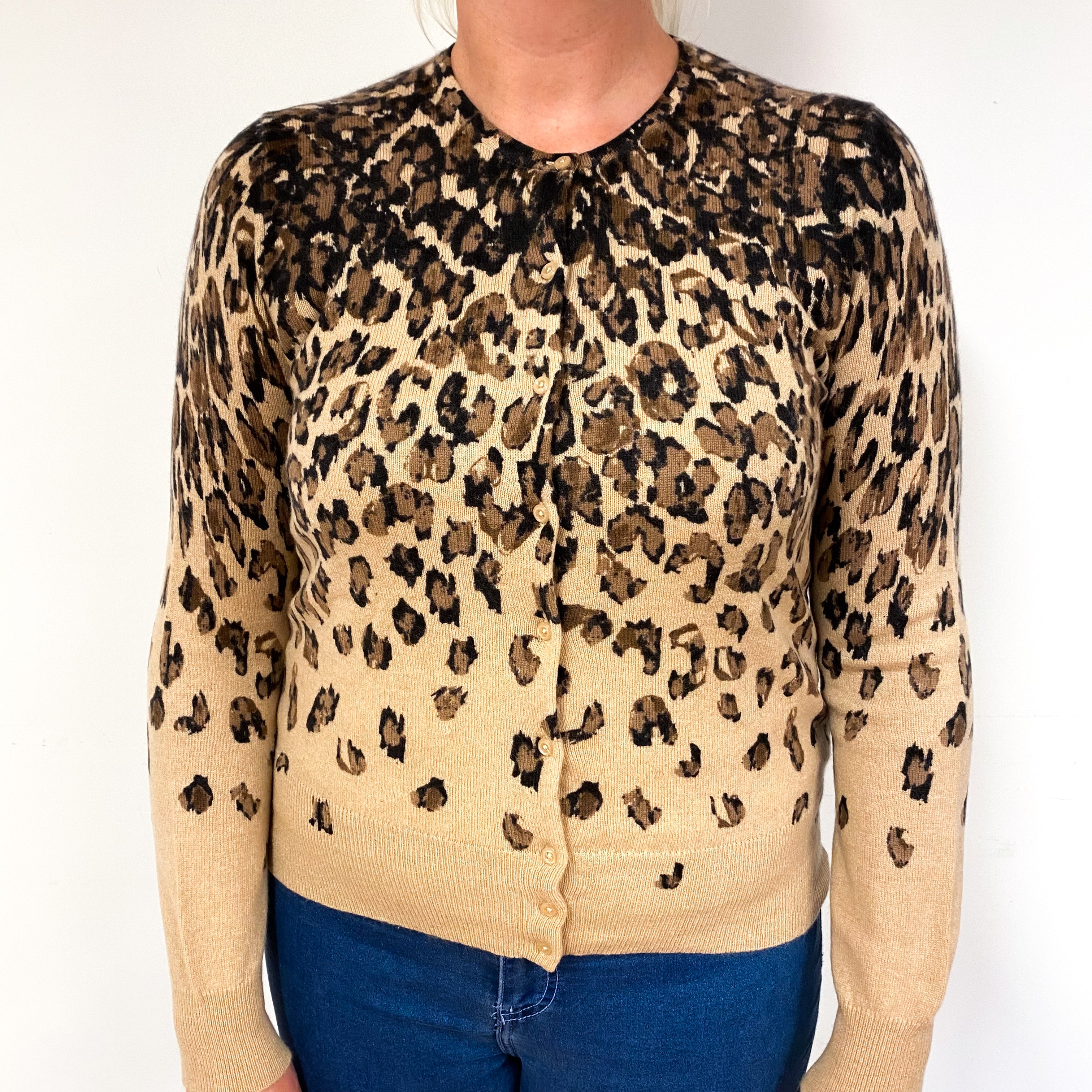 Caramel Brown Leopard Cashmere Crew Neck Cardigan Large