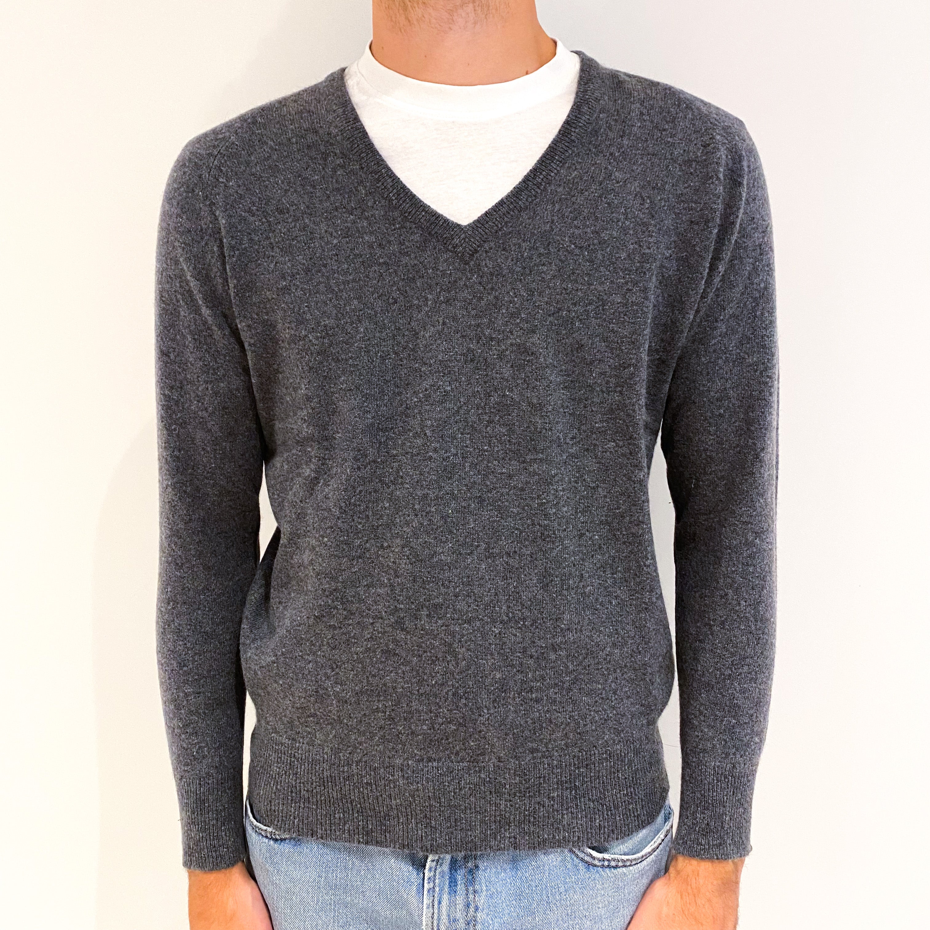 Men's Slate Grey Cashmere V-Neck Jumper Medium