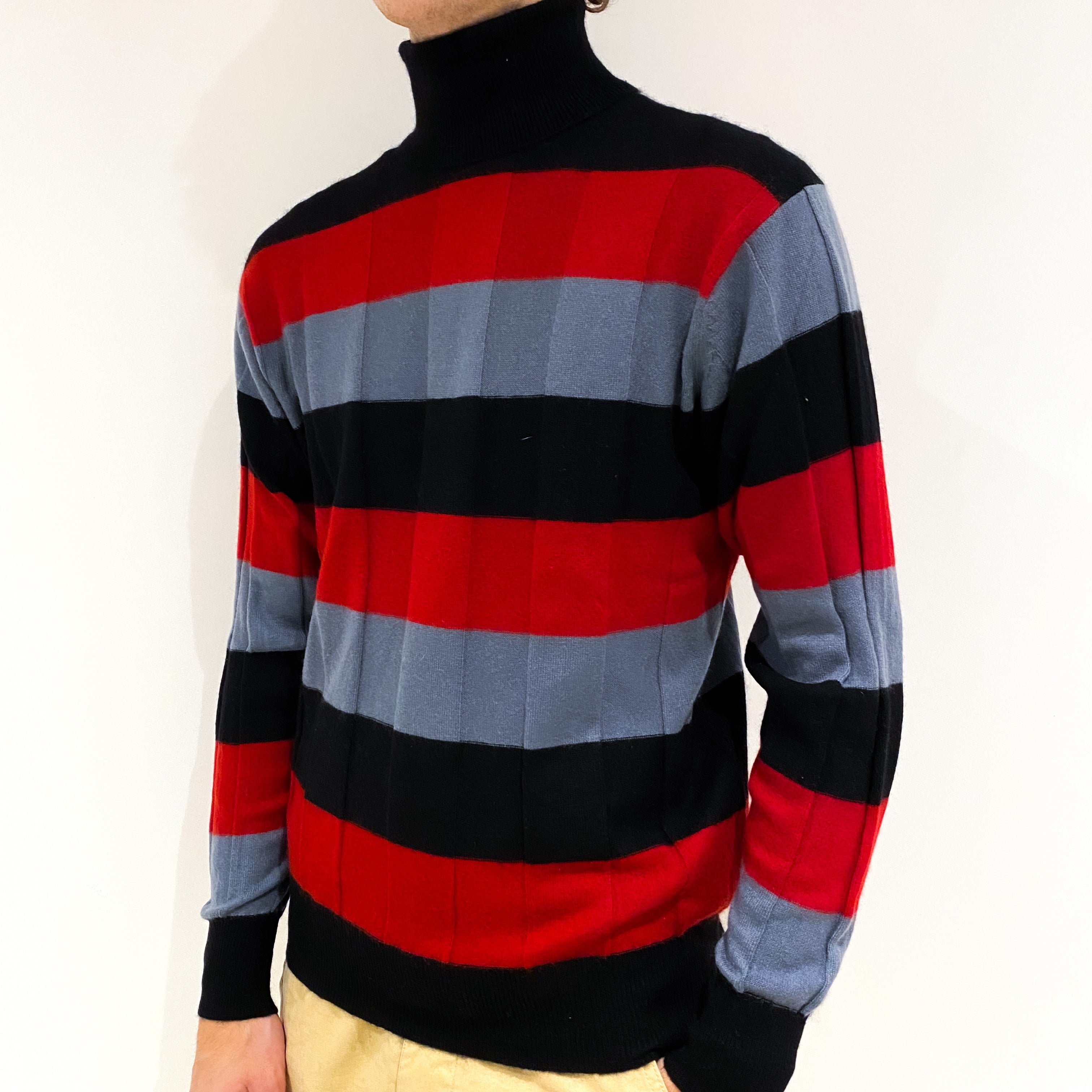 Men's Black Red Grey Stripe Cashmere Polo Neck Jumper Large