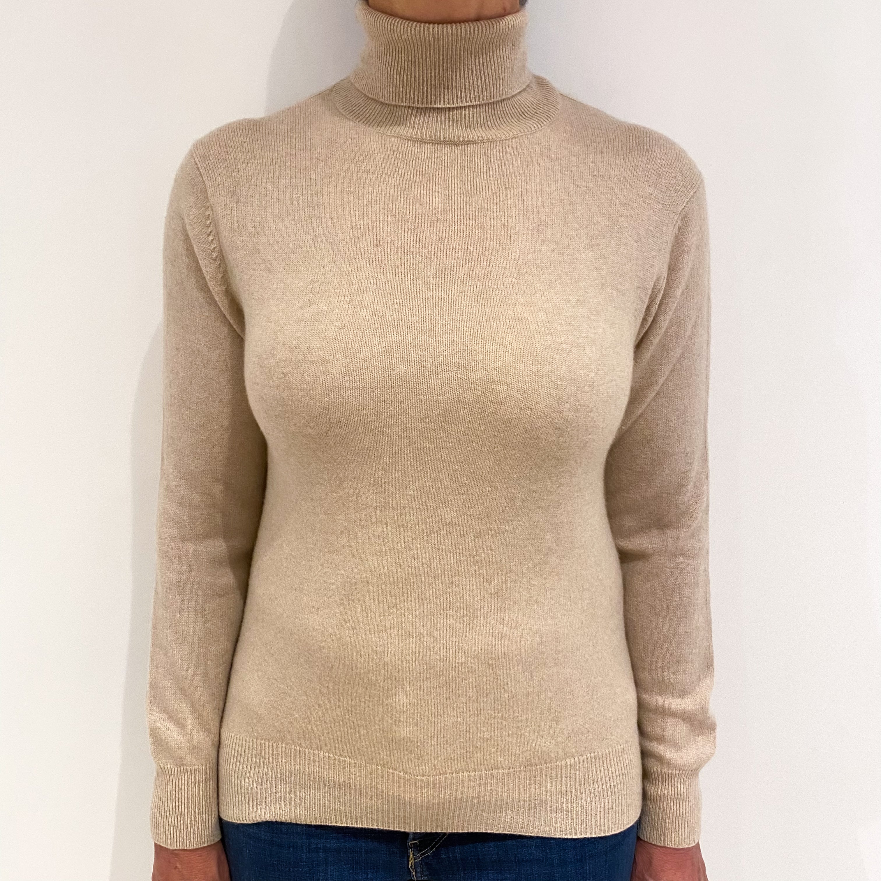 Beige Cashmere Polo Neck Jumper Medium