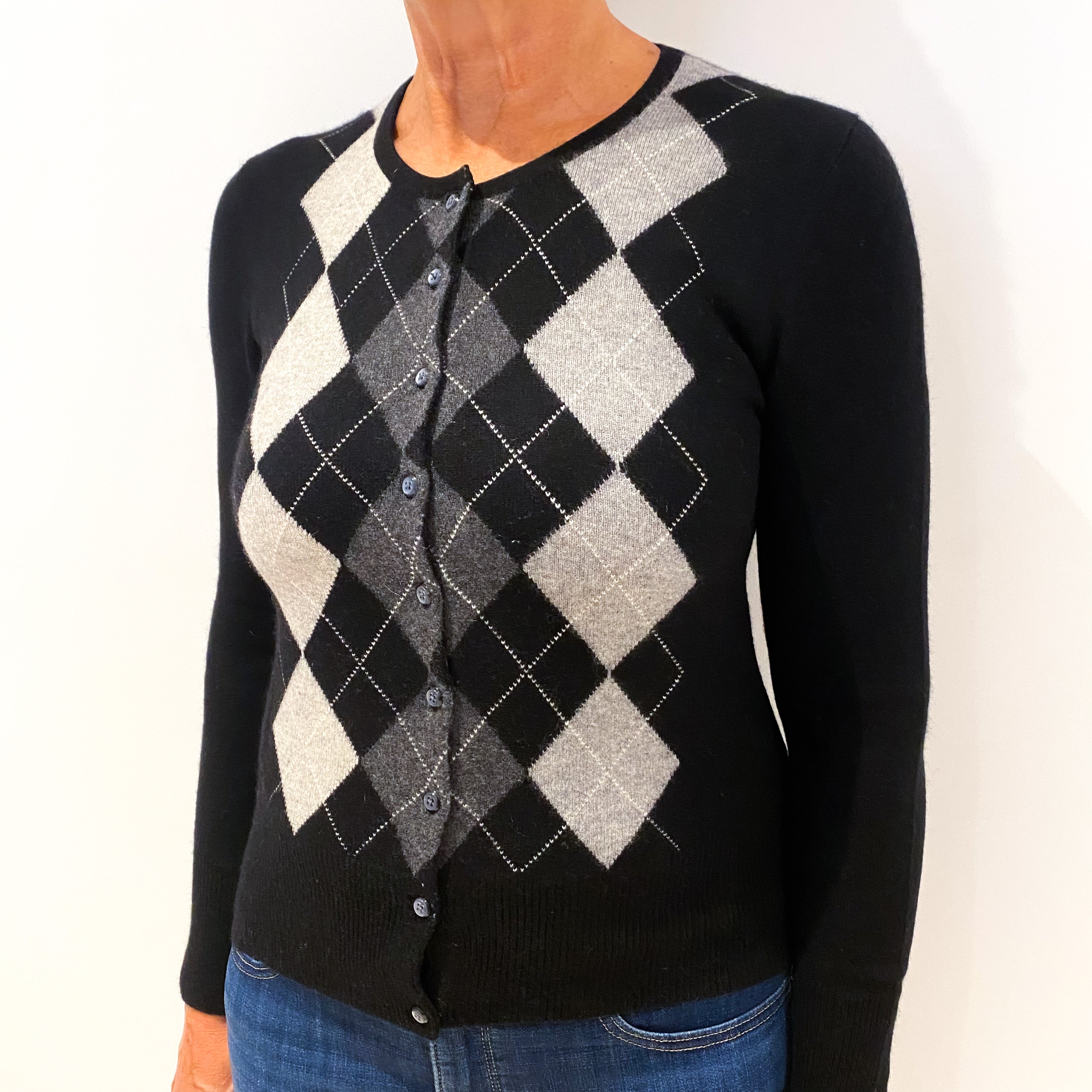 Black Grey Argyle Knit Cashmere Crew Neck Cardigan Medium