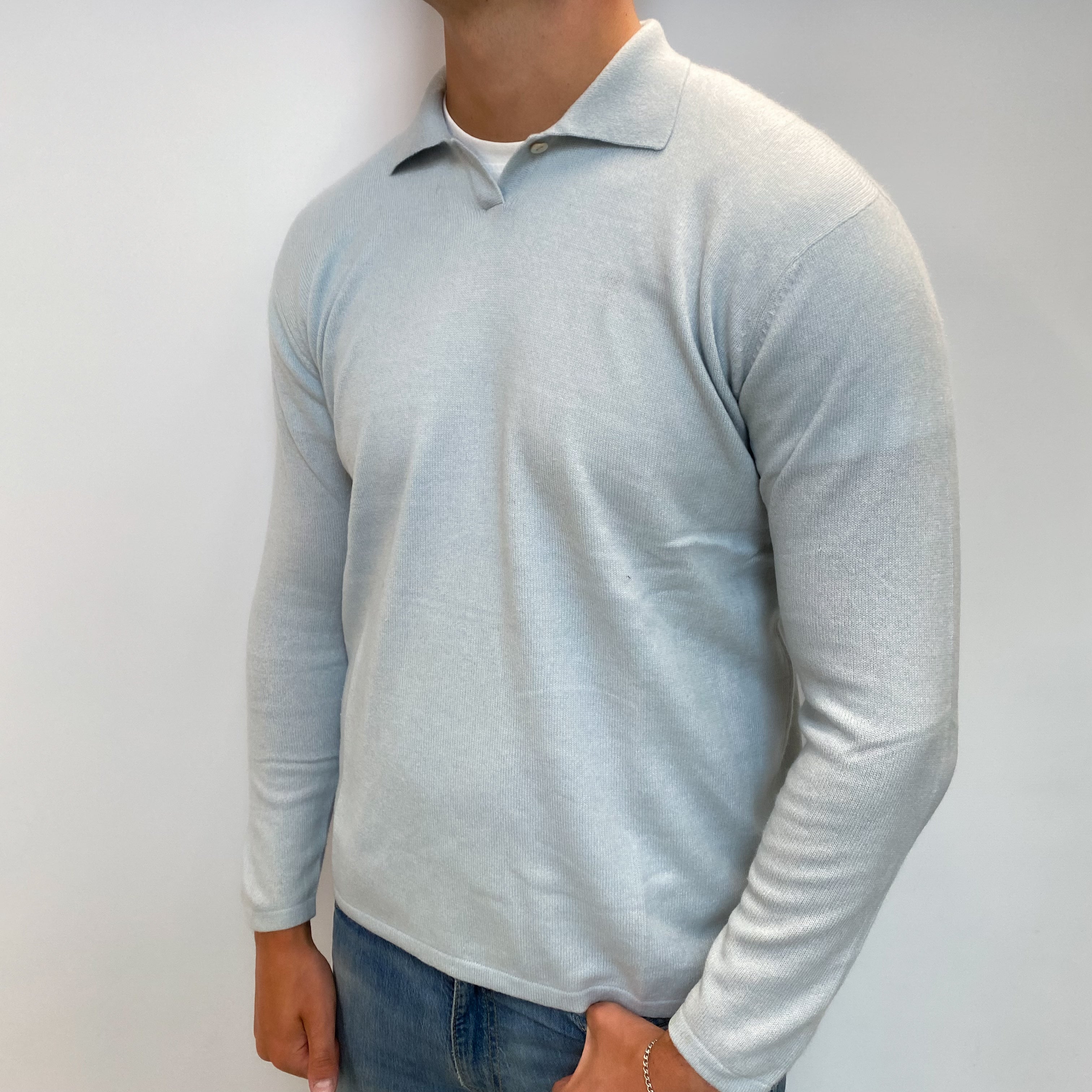 Men's Ice Blue Cashmere Collared V Neck Jumper XL