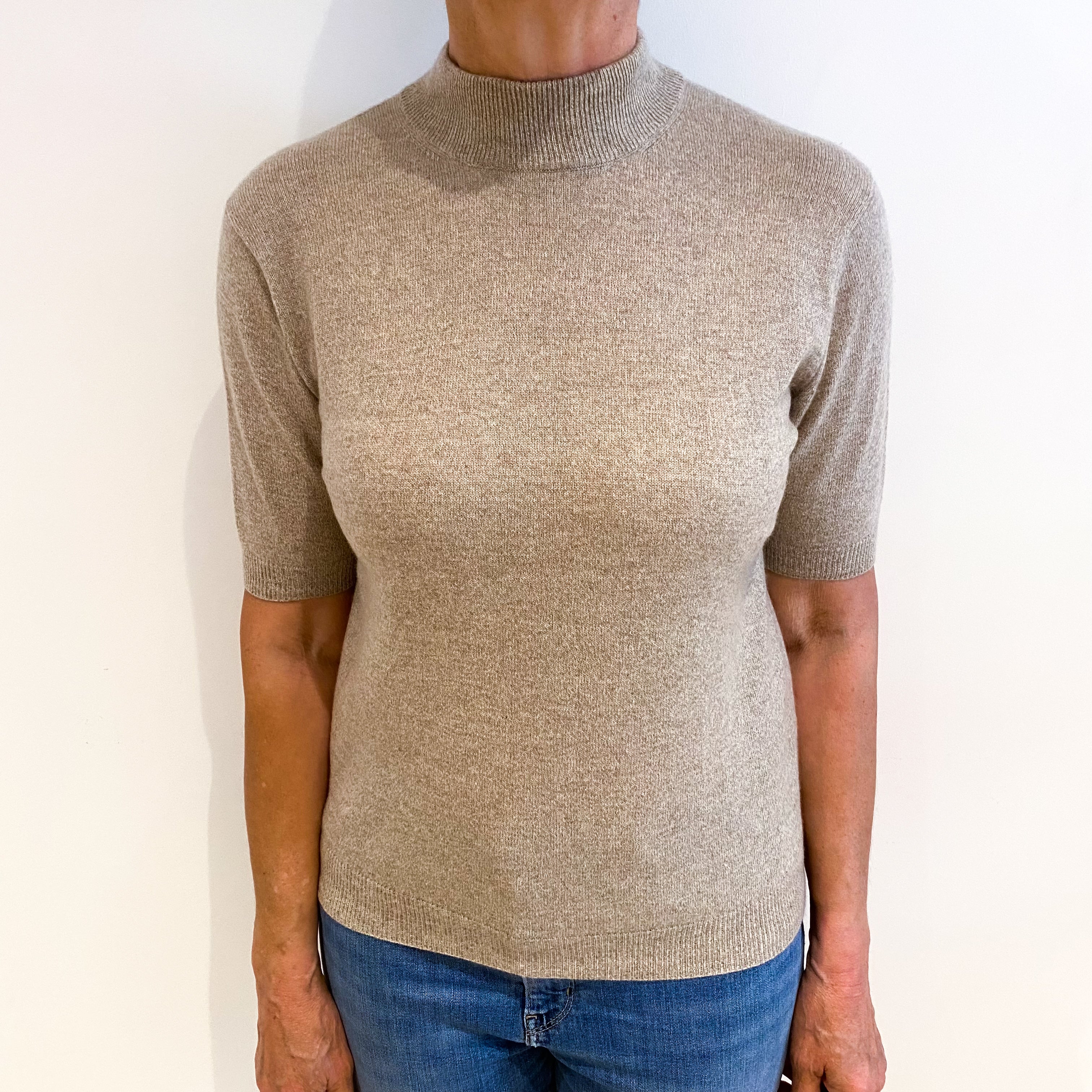 Beige Marl Cashmere Turtle Neck Short Sleeved Jumper Medium