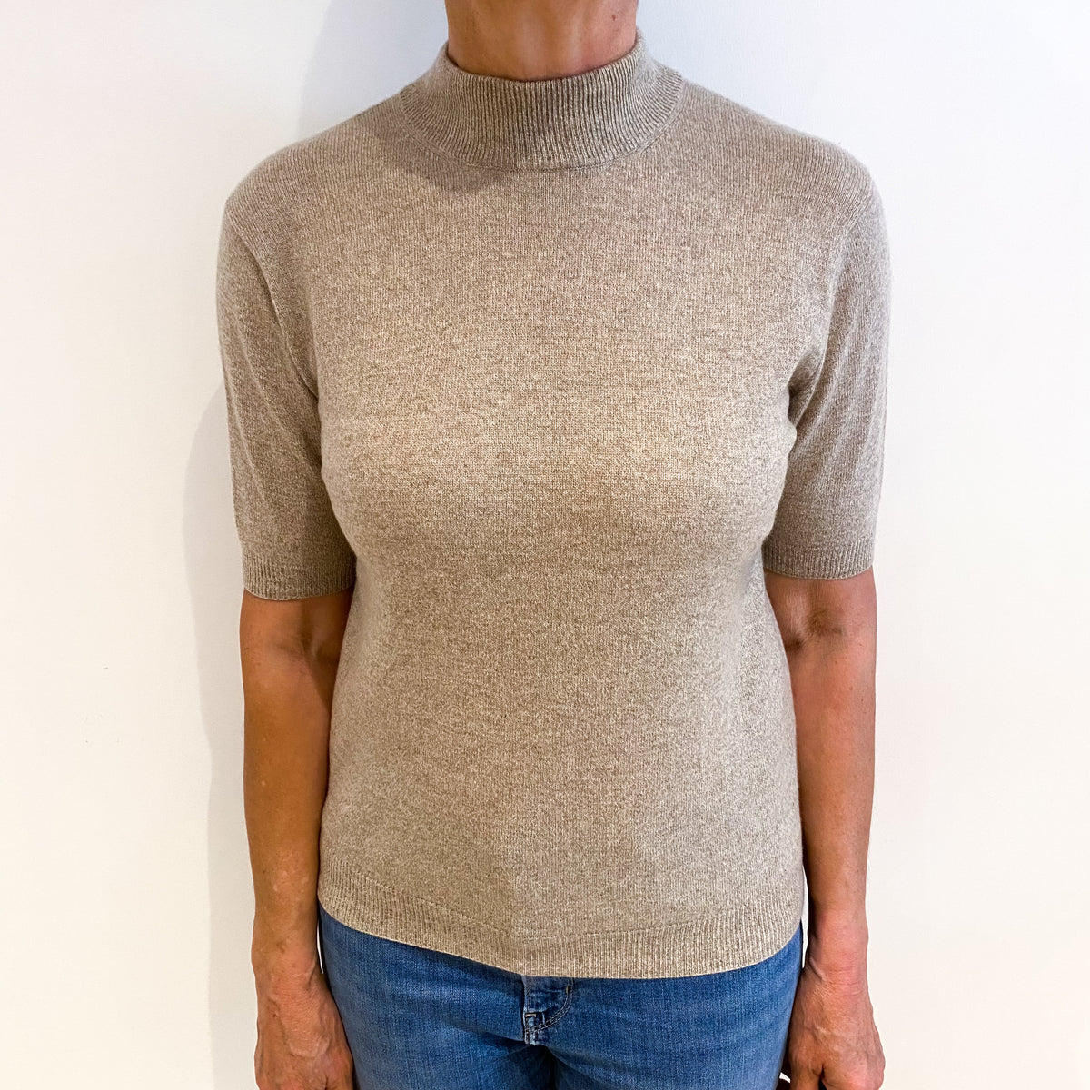 Beige Marl Cashmere Turtle Neck Short Sleeved Jumper Medium