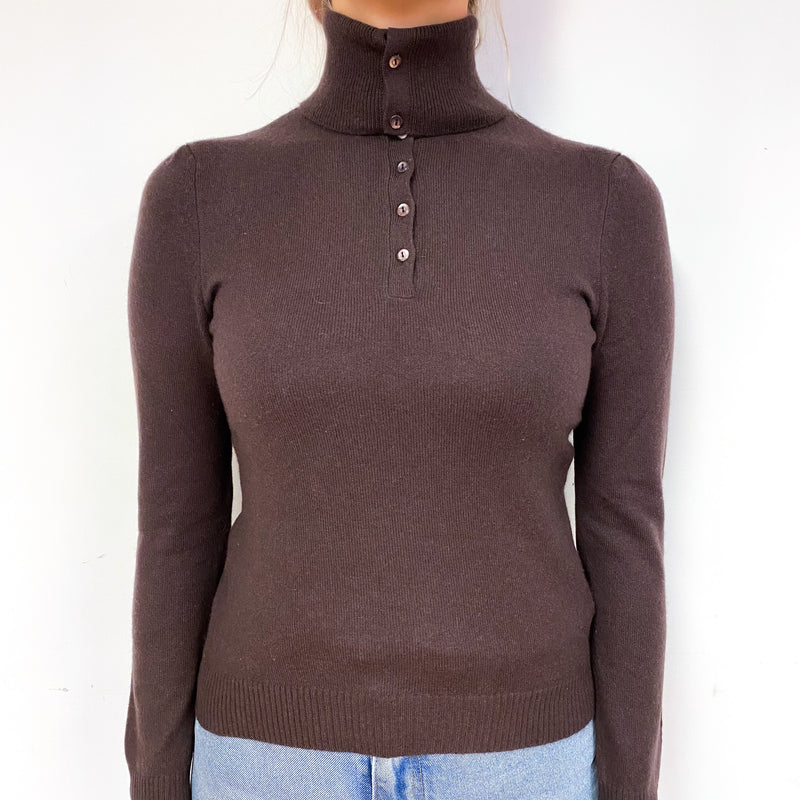 Chocolate Brown Buttoned Cashmere Polo Neck Jumper Small
