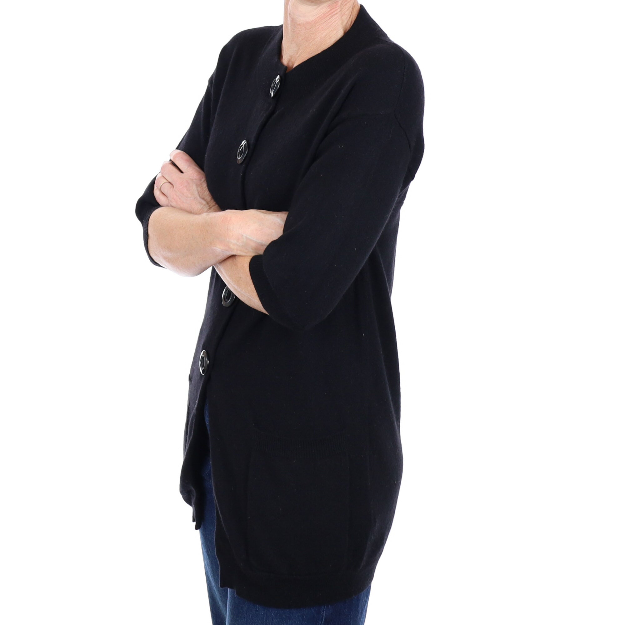 Black Cashmere Crew Neck Half Sleeve Cardigan Small