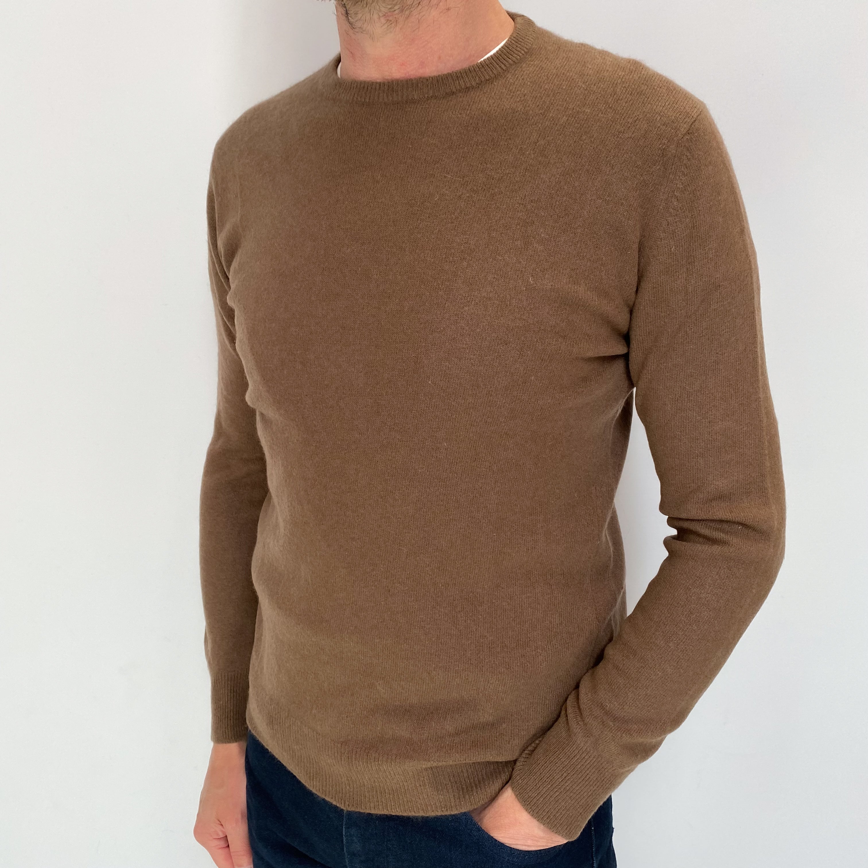Men's Walnut Brown Cashmere Crew Neck Jumper Extra Small