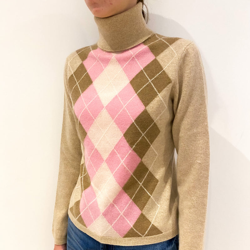 Beige Pink Argyle Cashmere Polo Neck Jumper Extra Small