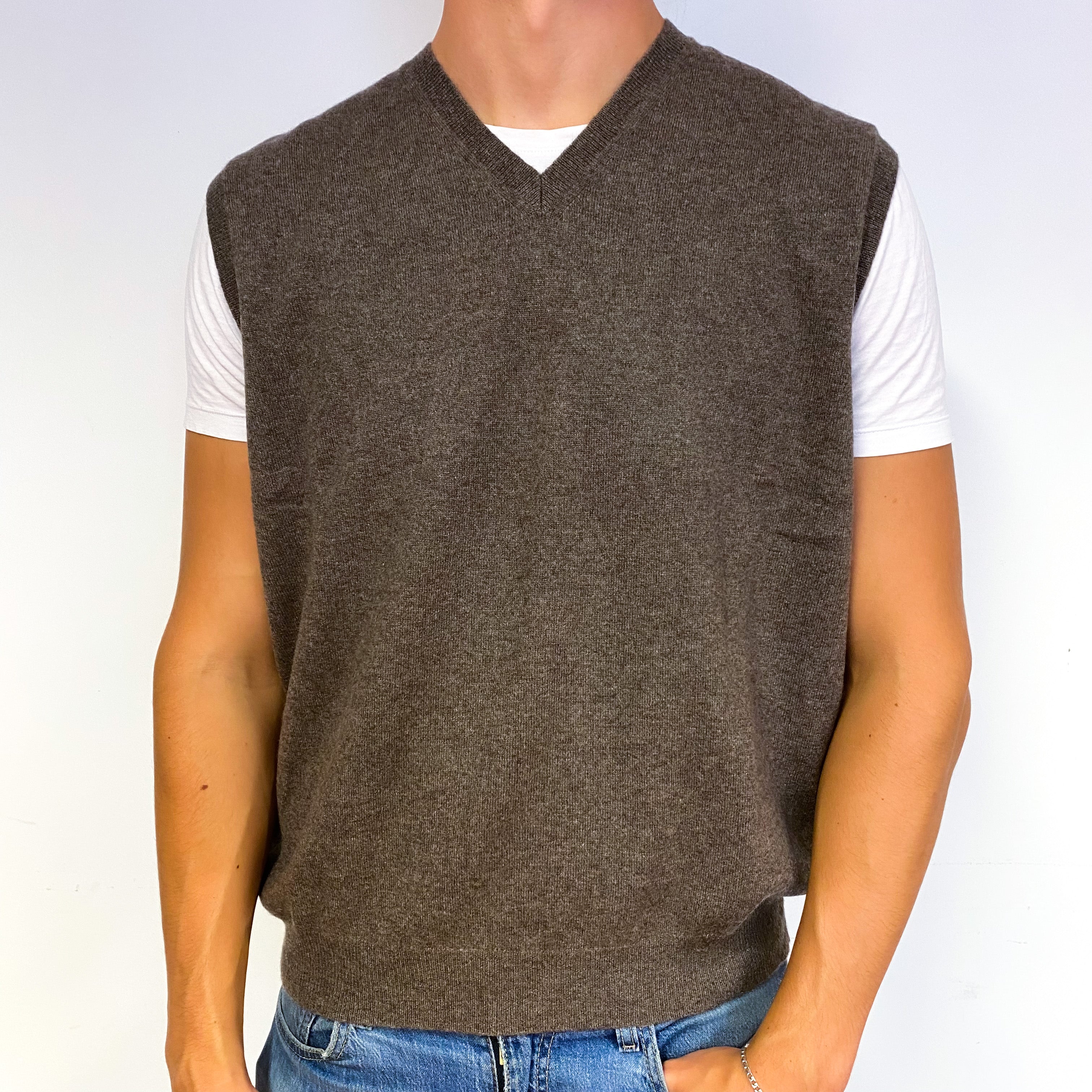 Men's Muted Brown Cashmere V-Neck Tank Top Extra Large