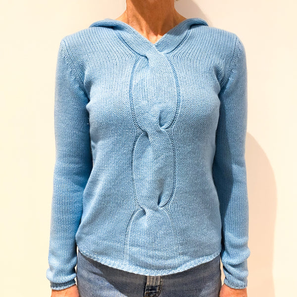 Sky Blue Chunky Cashmere Hooded Jumper Small