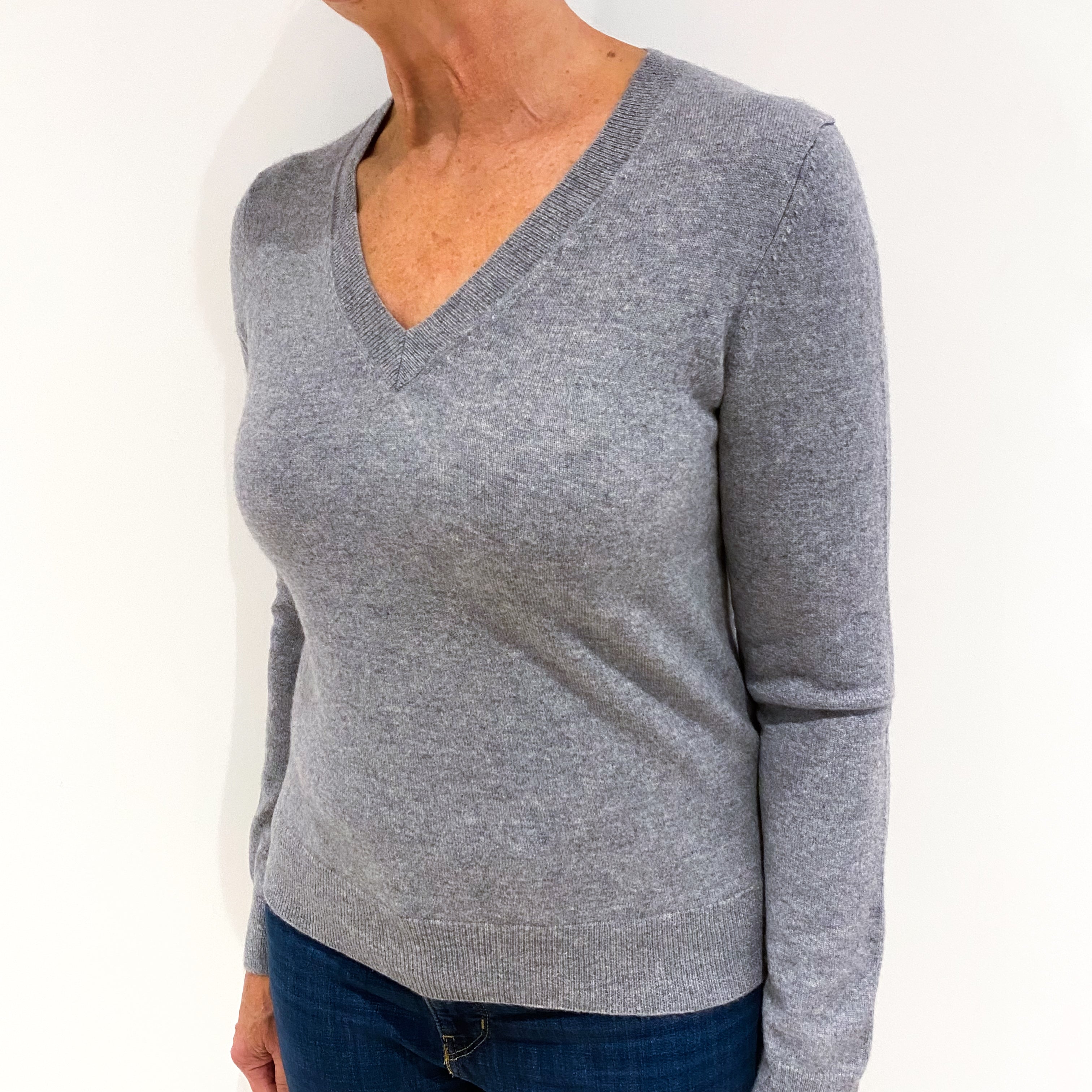 Ash Grey Cashmere V-Neck Jumper Medium