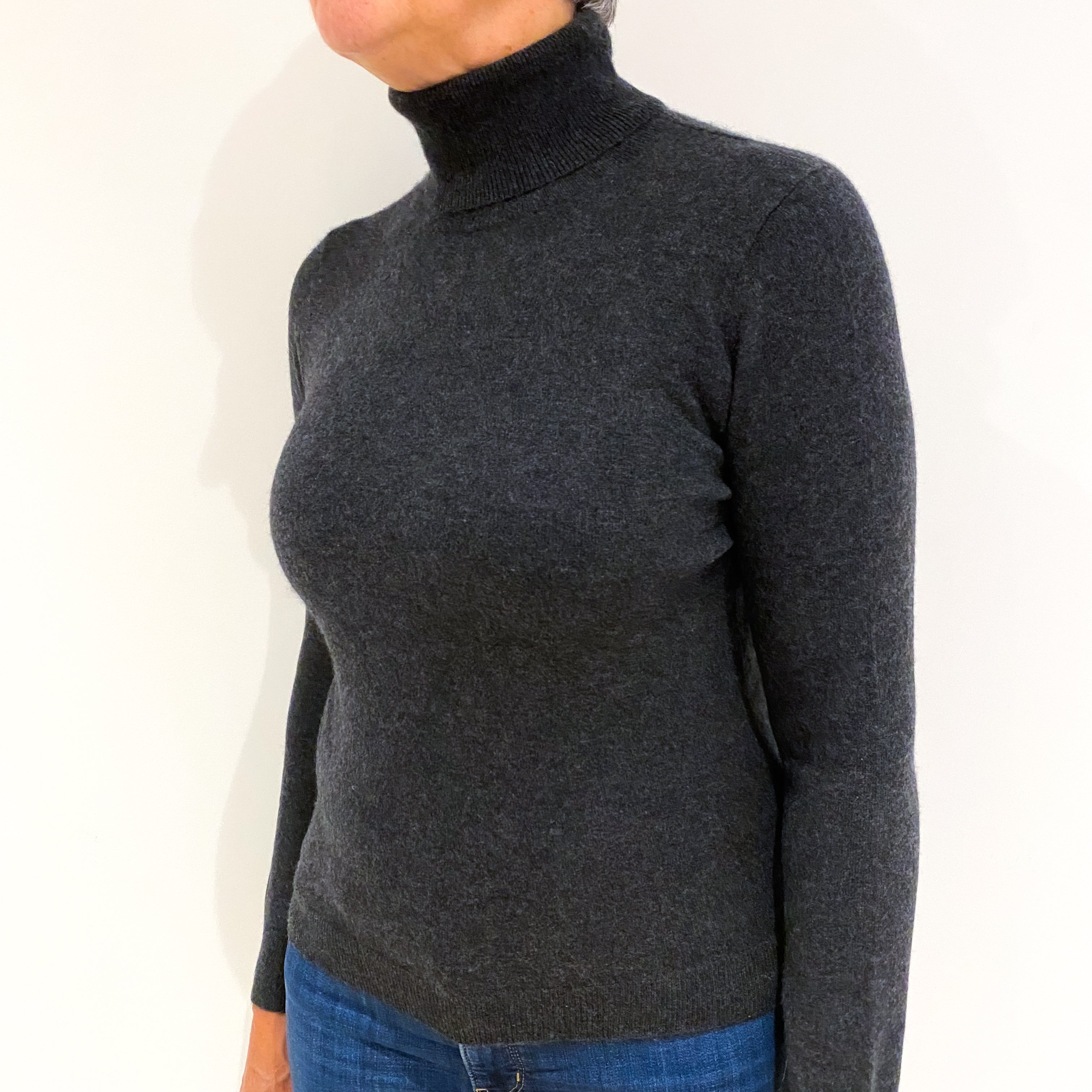 Charcoal Grey Cashmere Polo Neck Jumper Medium