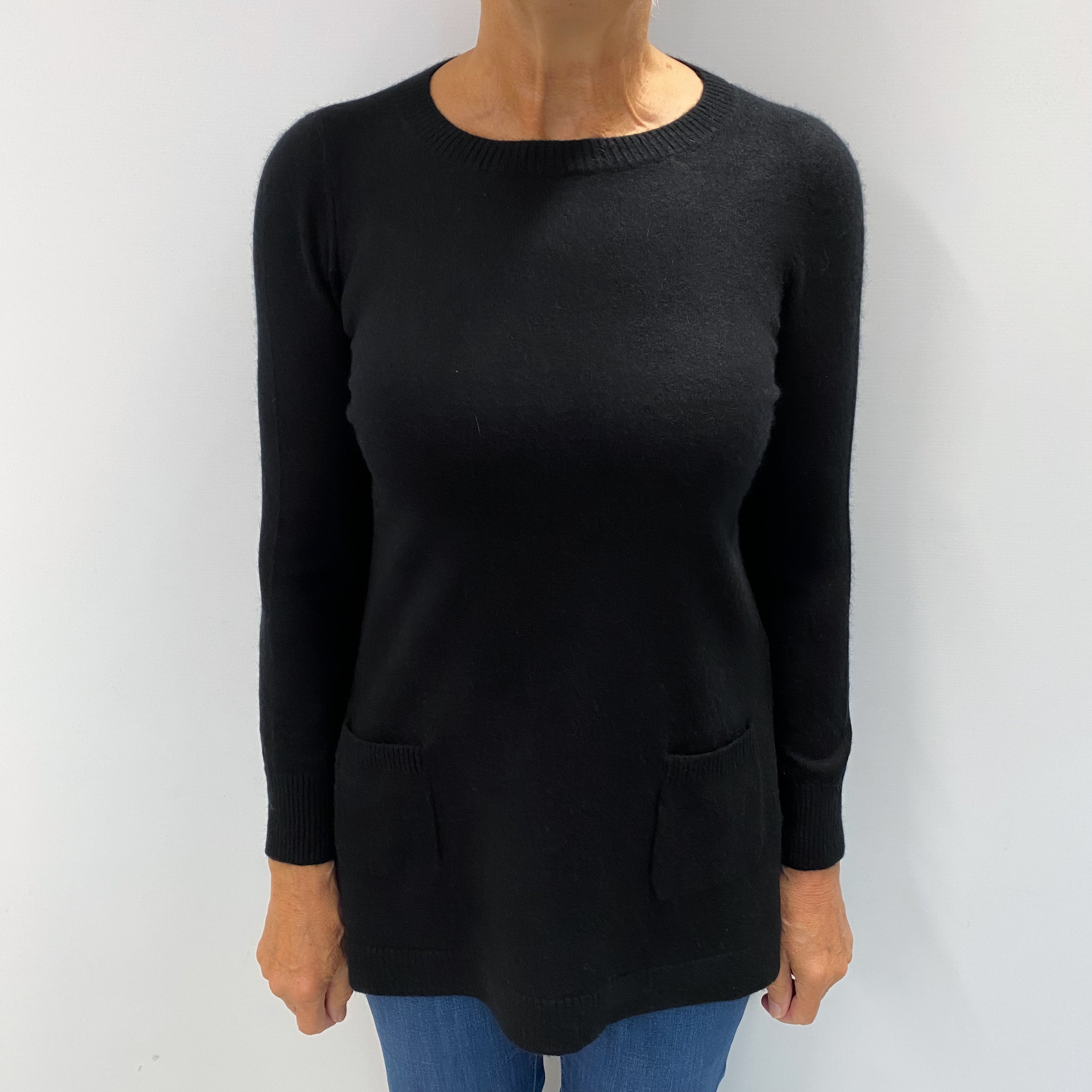 Black Cashmere Crew Neck Tunic Style Jumper Medium