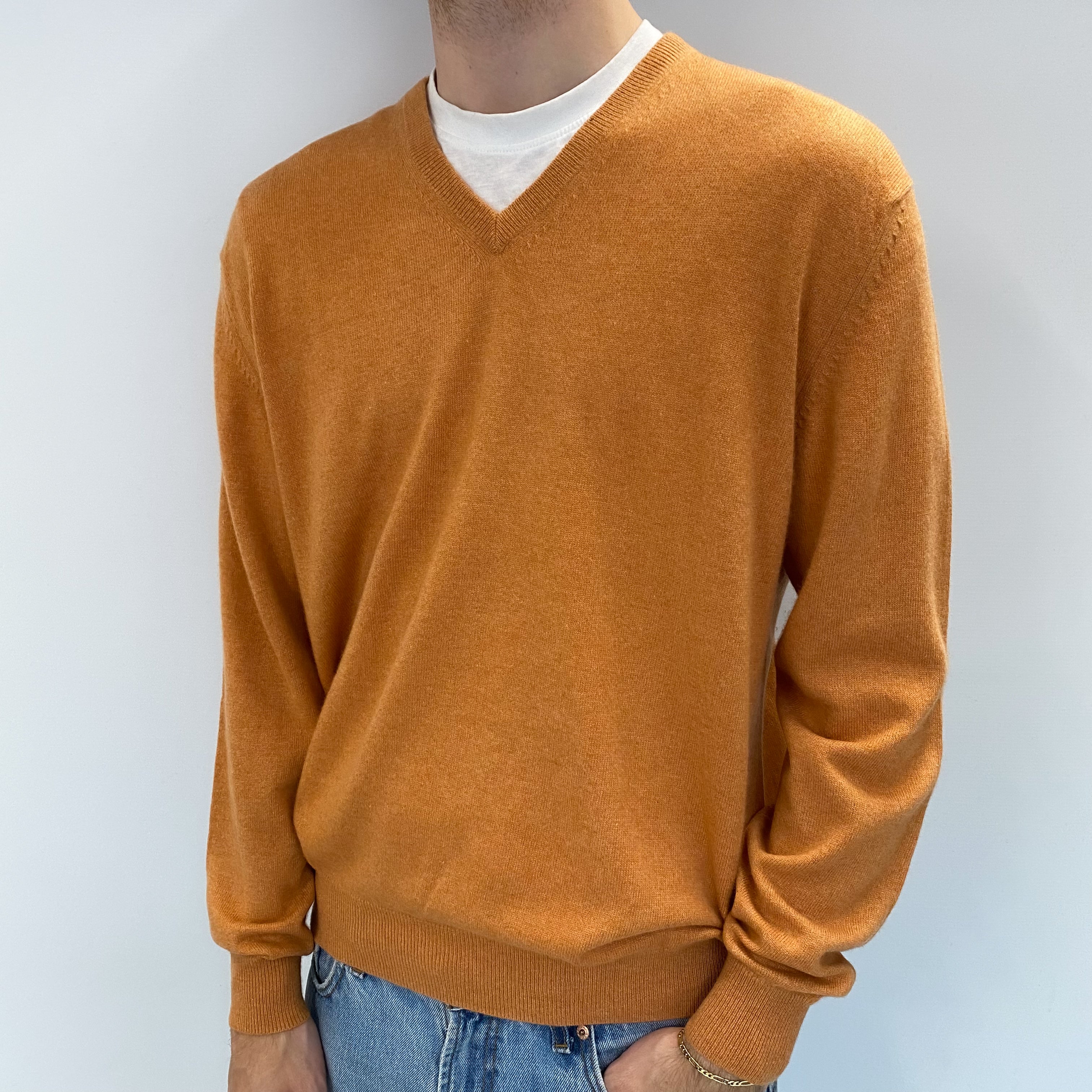 Men's Muted Orange Cashmere V Neck Jumper Large
