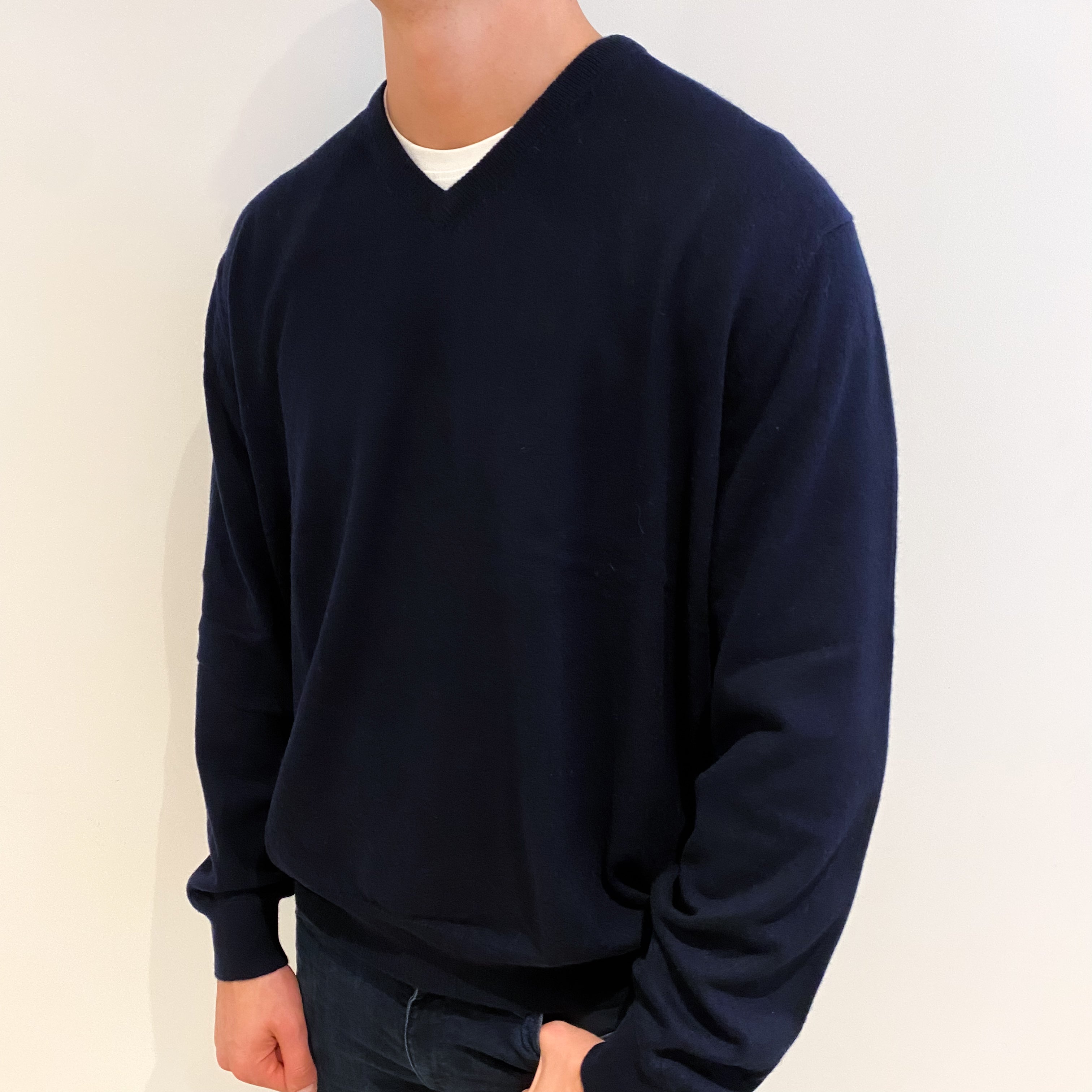 Men's Dark Navy Blue Cashmere V Neck Jumper XXXXL