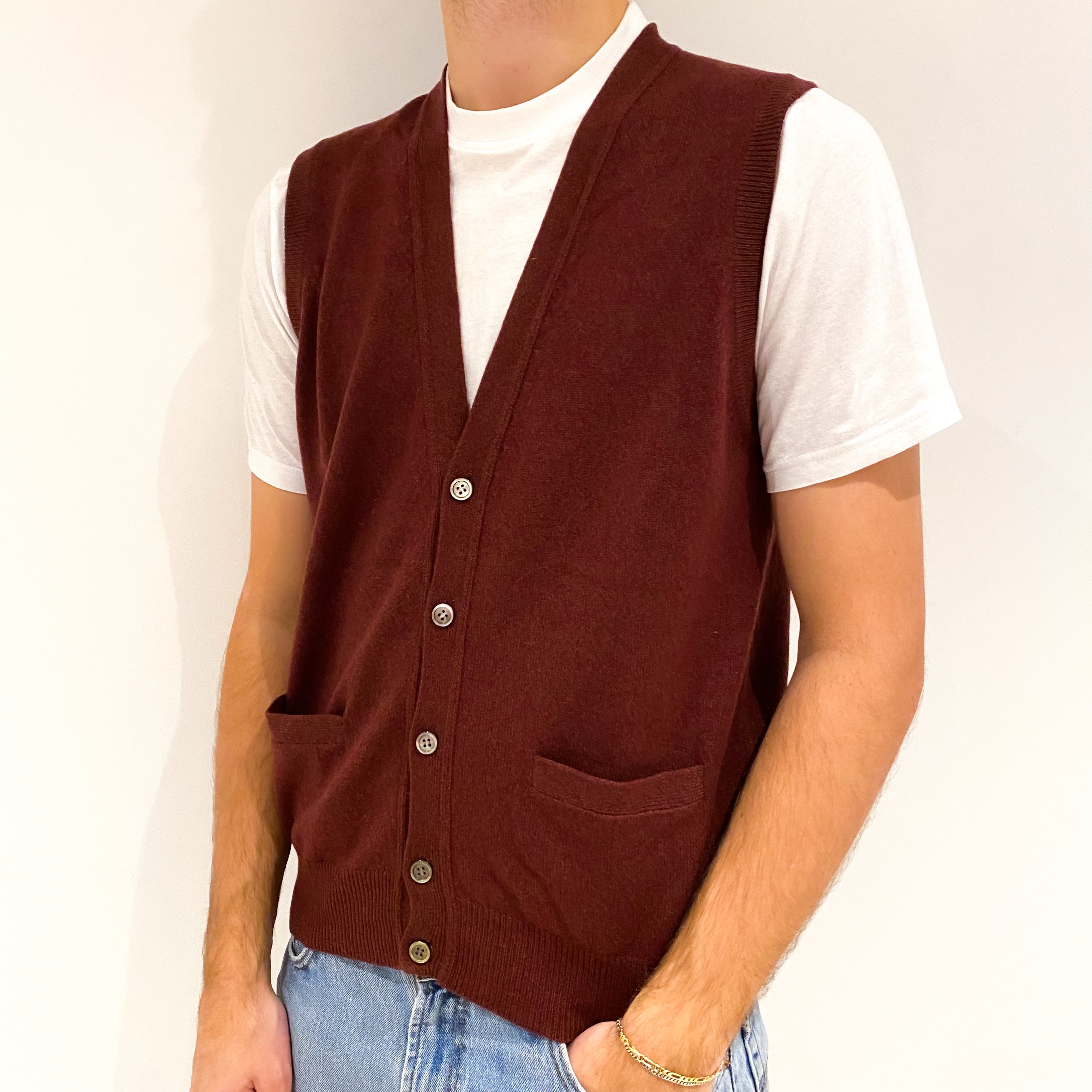 Men's Wine Red Marl Cashmere V-Neck Waistcoat Large