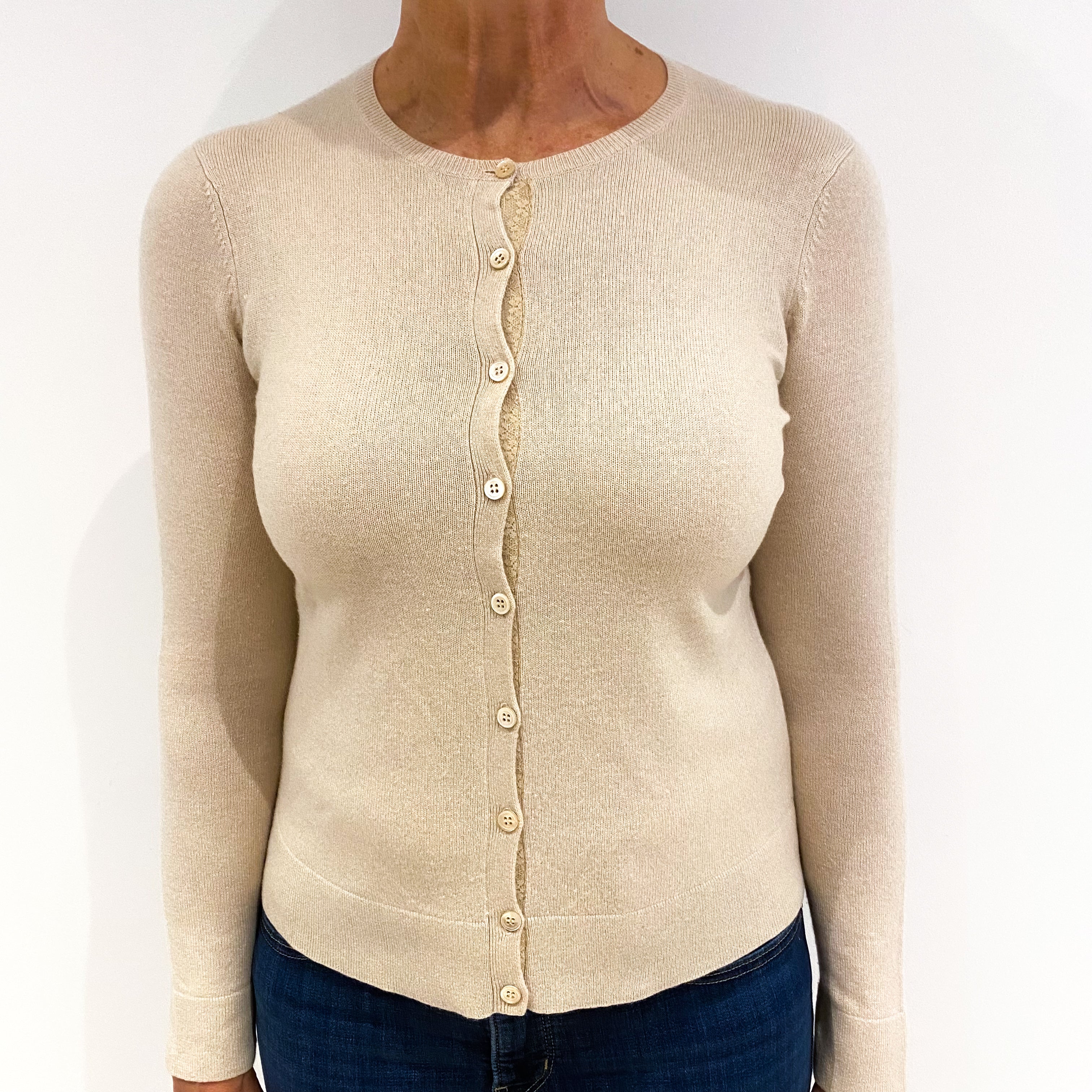 Pale Biscuit Brown Cashmere Crew Neck Cardigan Medium