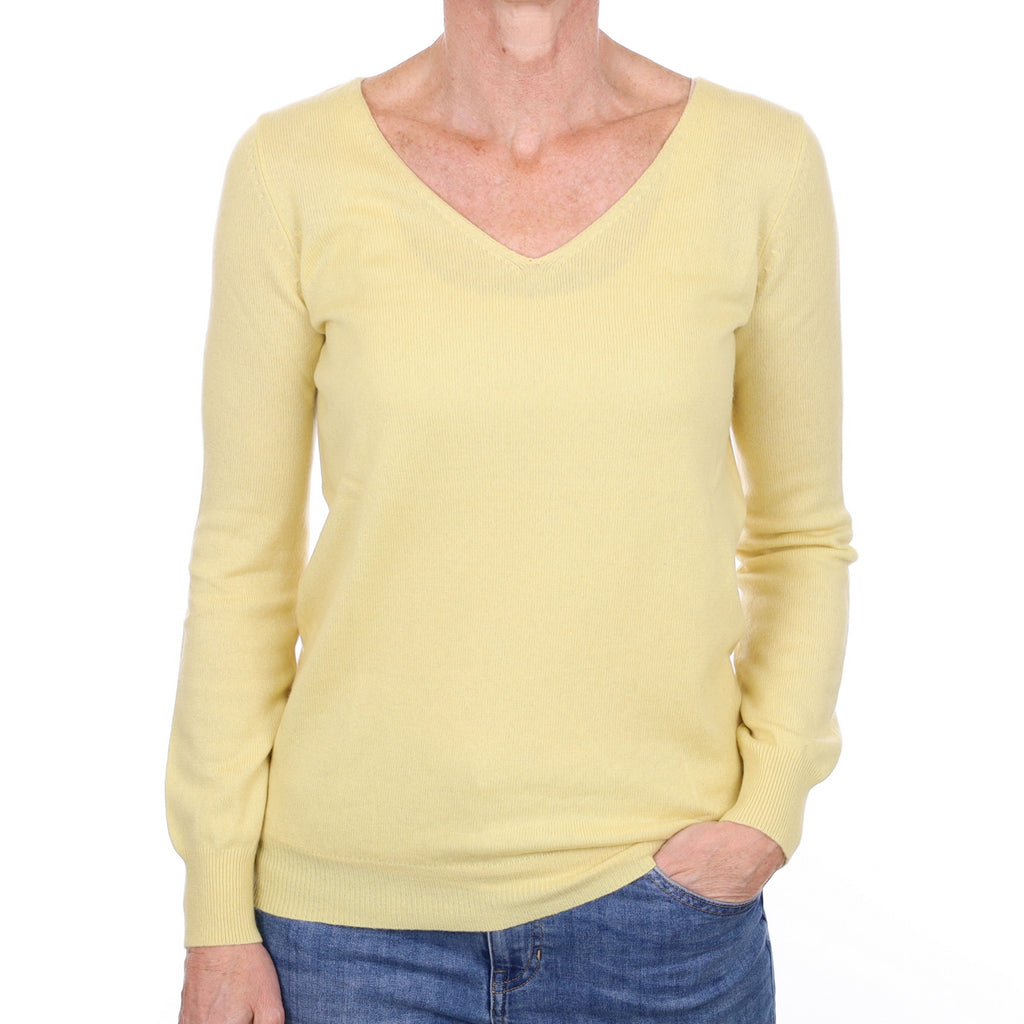 Pale Lemon Yellow Cashmere V Neck Jumper Small