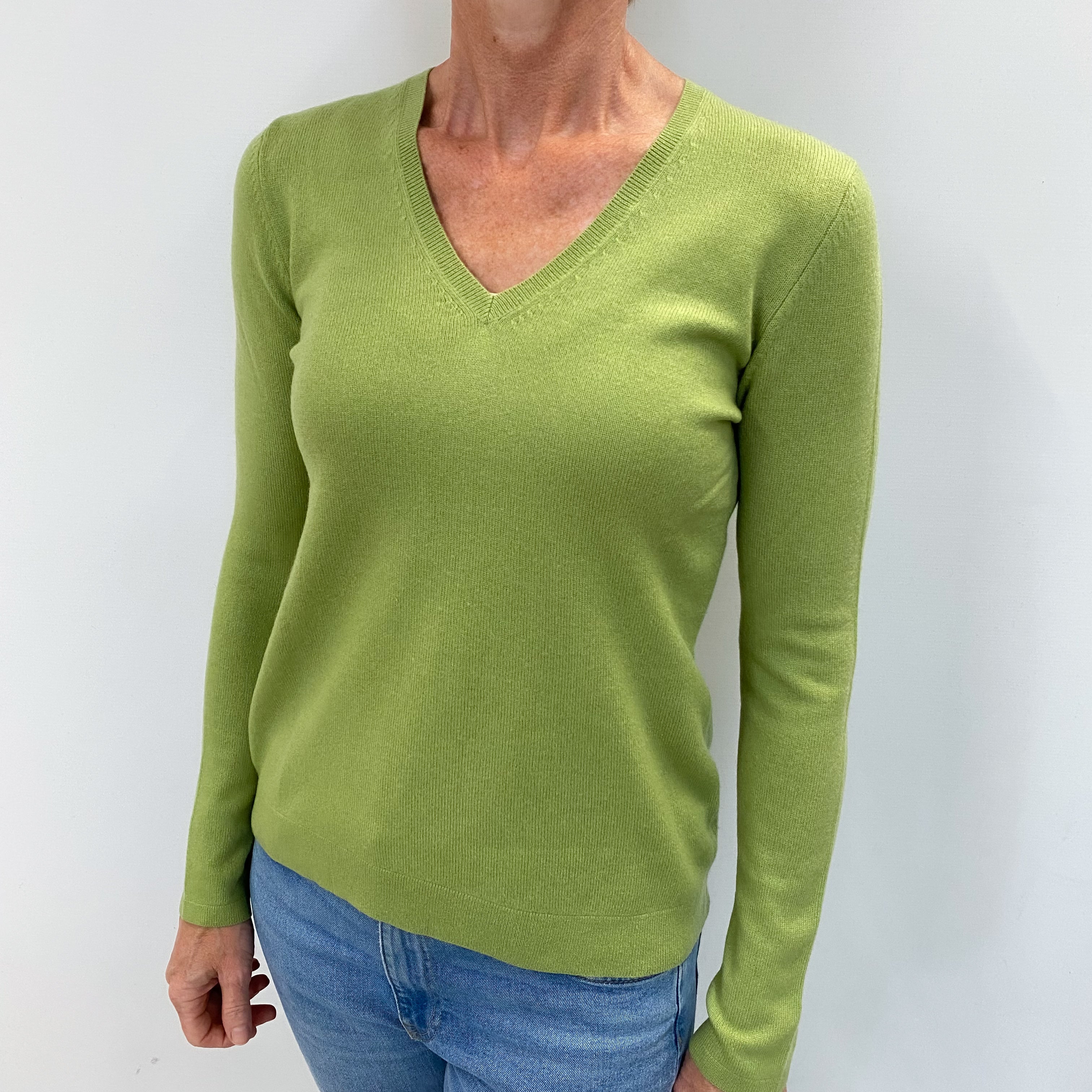Pear Green Cashmere V Neck Jumper Small