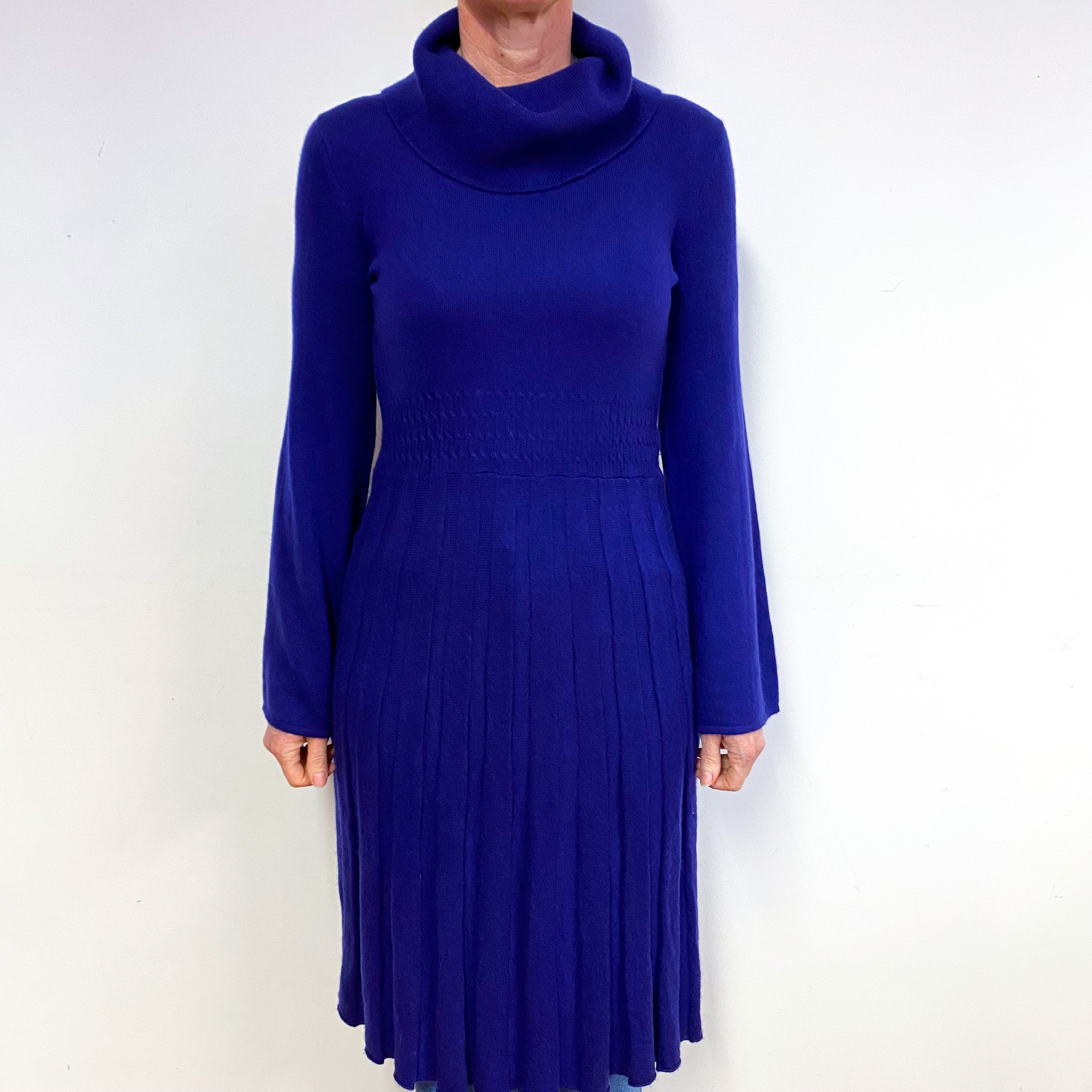 Indigo Blue Cashmere Pleated Polo Neck Dress Medium
