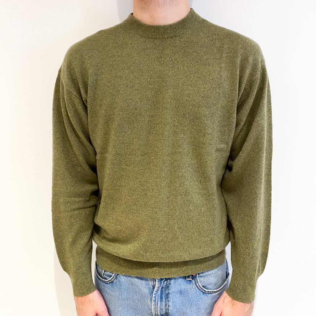 Men's Pistachio Green Marl Cashmere Crew Neck Jumper Large