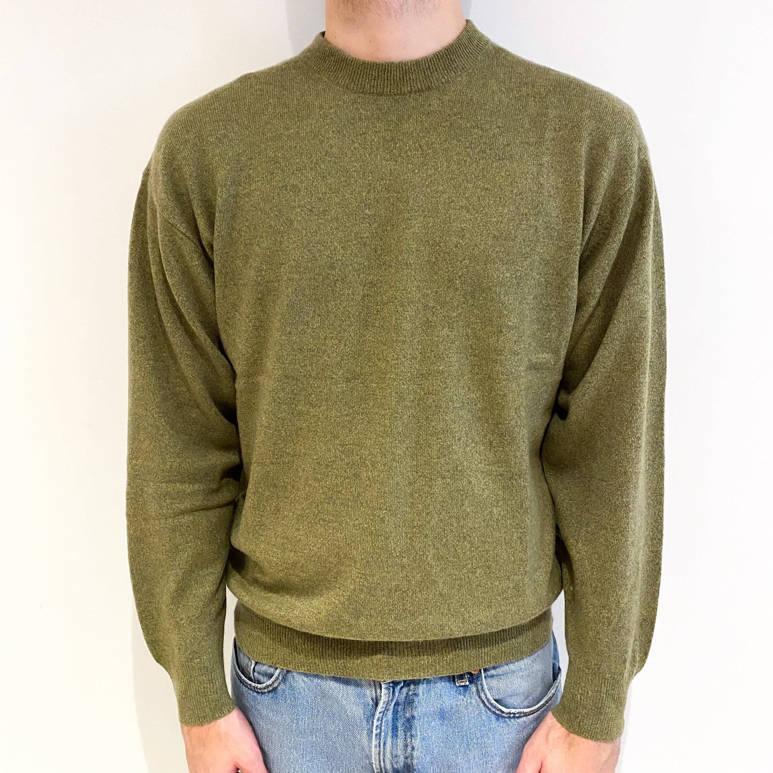 Men's Pistachio Green Marl Cashmere Crew Neck Jumper Large