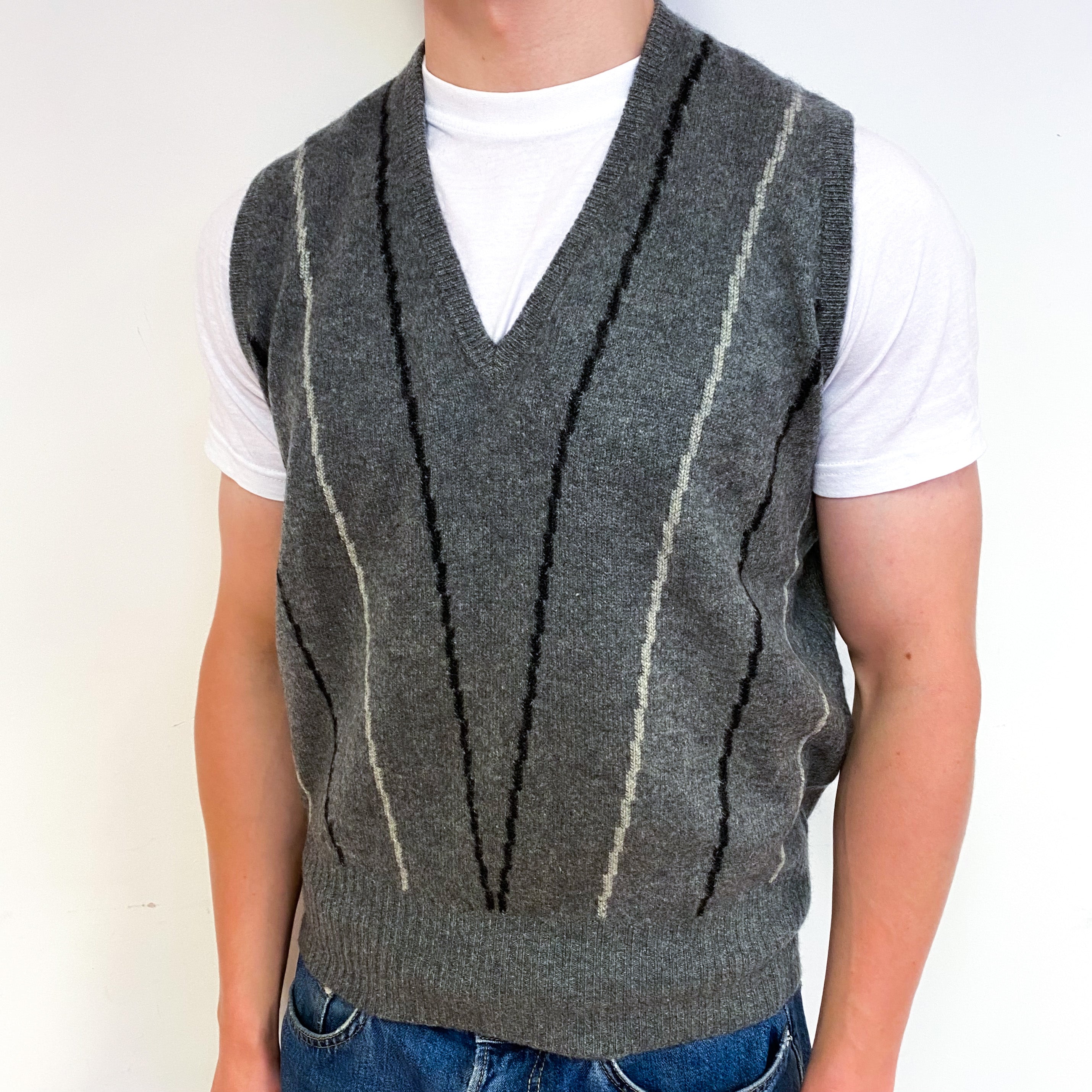 Men's Vintage Slate Grey Striped Cashmere V-Neck Tank Top Small