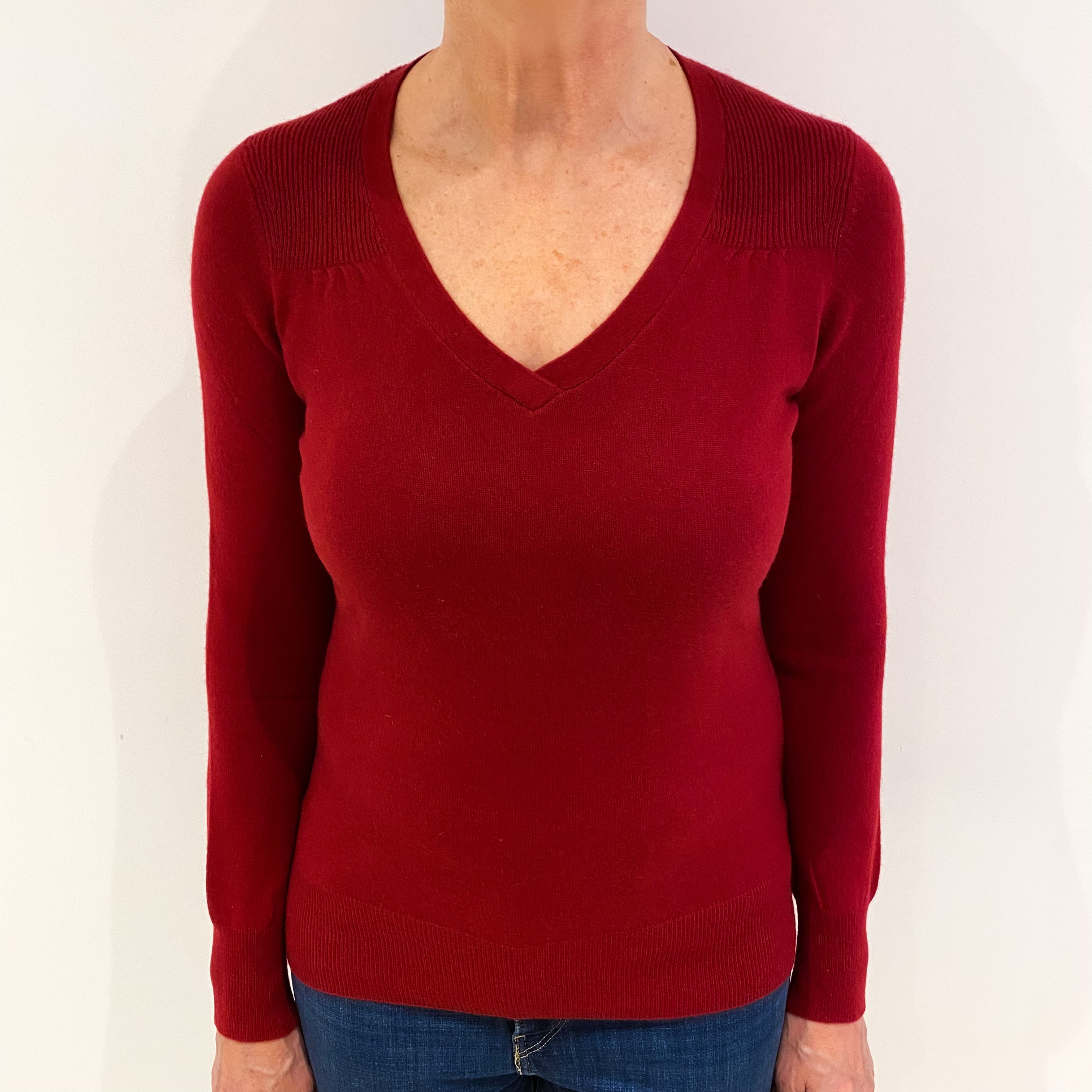 Crimson Red Cashmere V Neck Jumper with Ribbed Yoke Medium