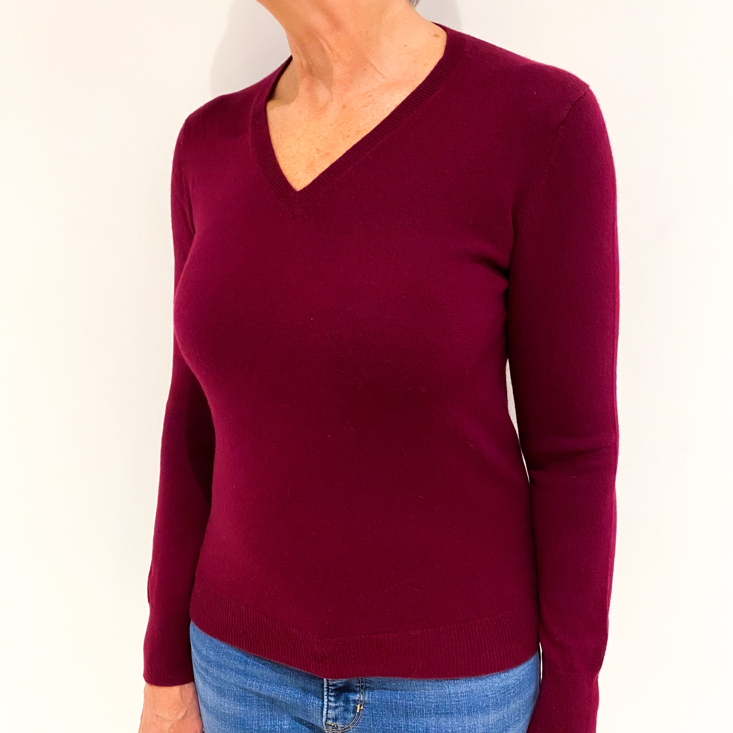 Garnet Red Cashmere V Neck Jumper Medium