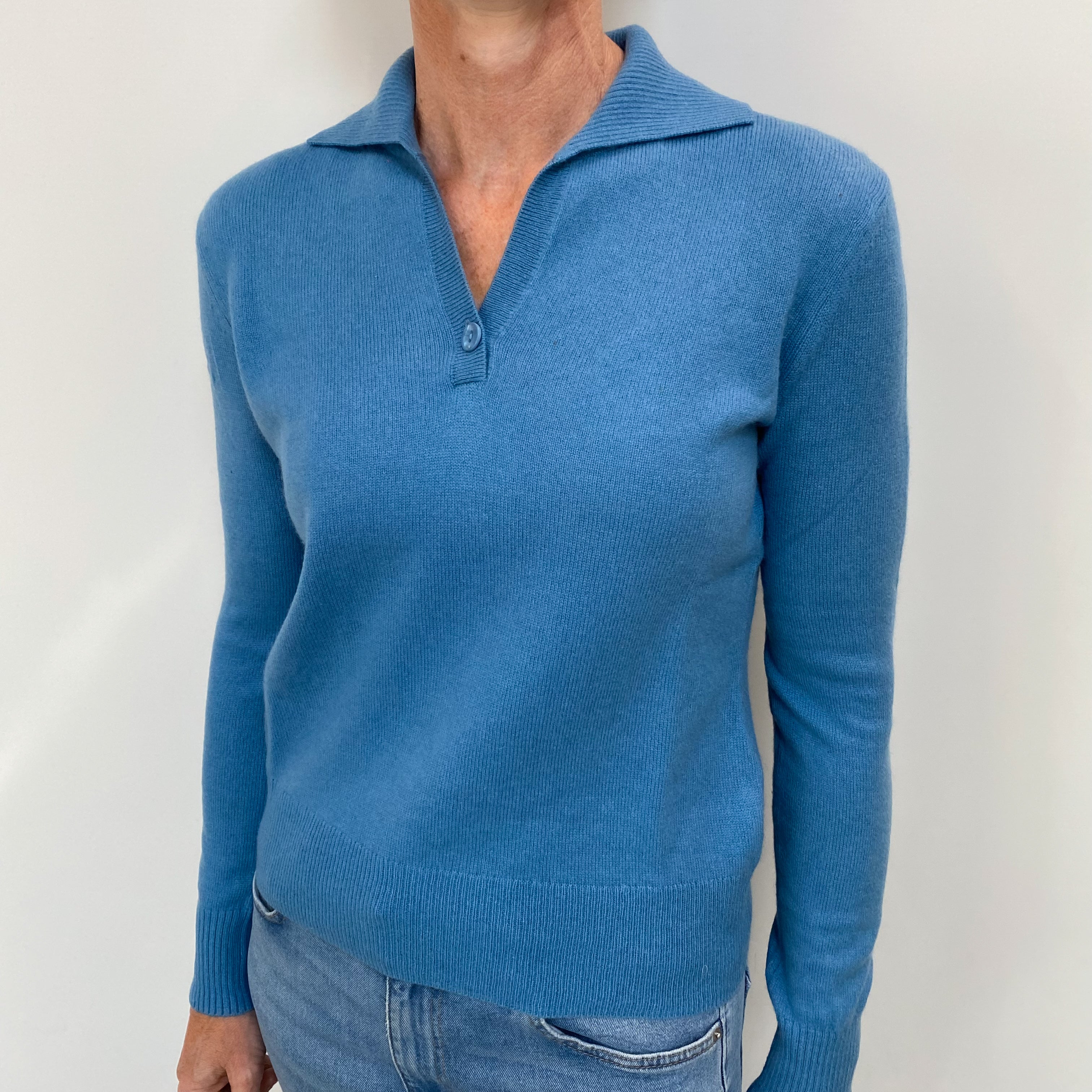 Dusky Blue Cashmere Collared V Neck Jumper Small