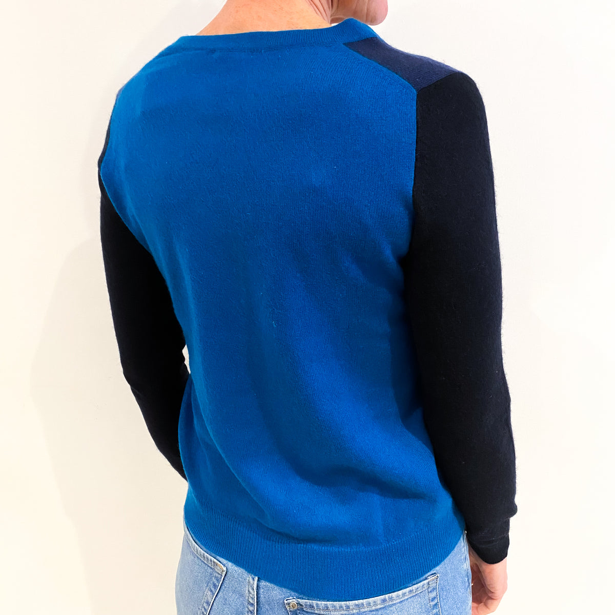 Blue Colour Block Cashmere V Neck Jumper Small