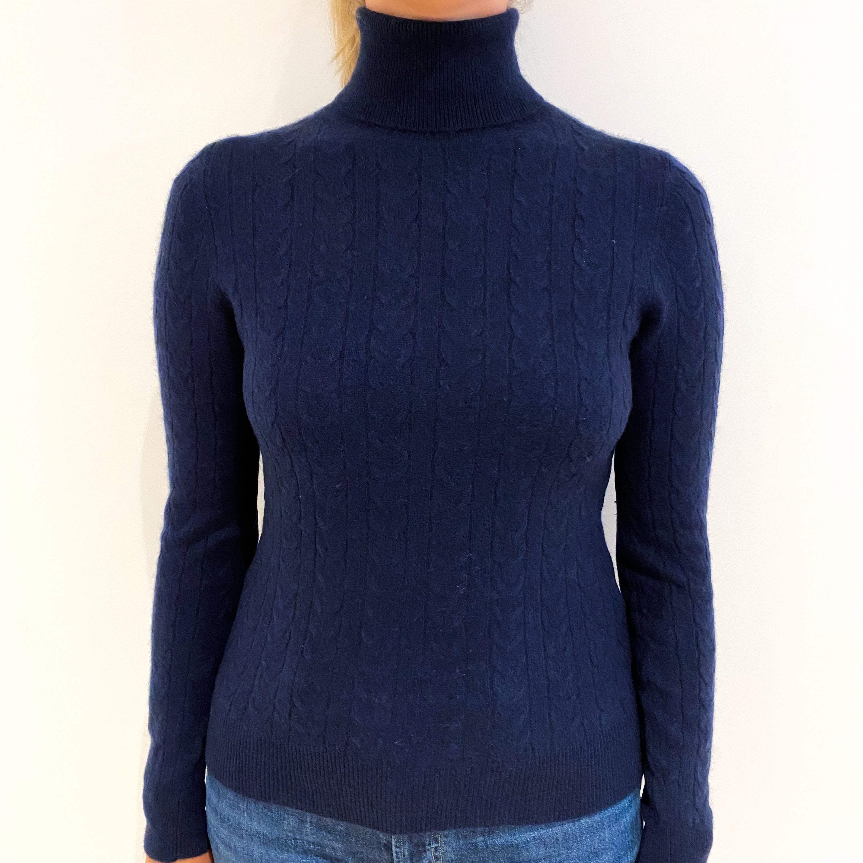 Navy Blue Cable Cashmere Polo Neck Jumper Small