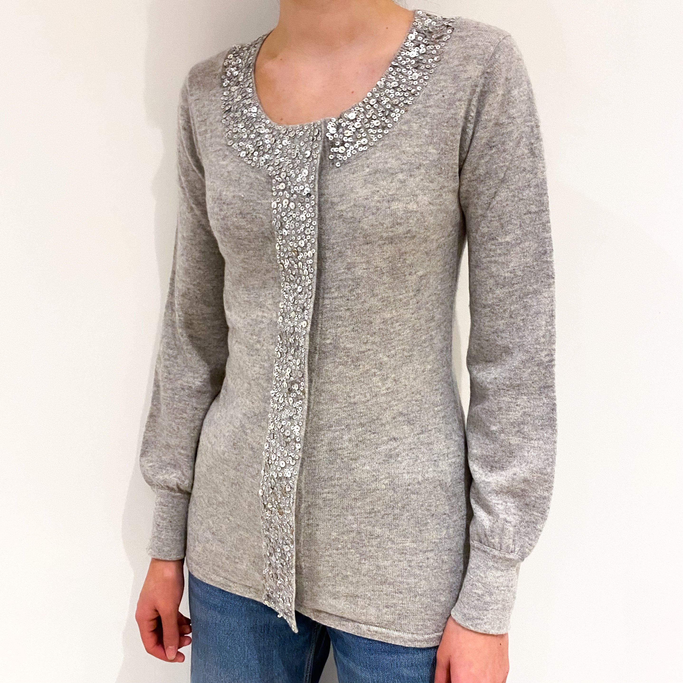 Smoke Grey Sequin Cashmere Crew Neck Cardigan Extra Small