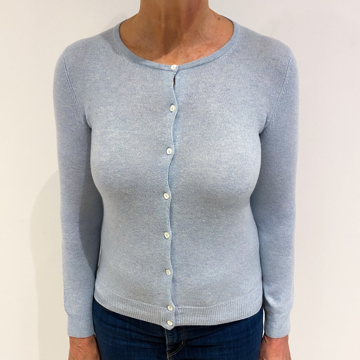 Opal Blue Cashmere Crew Neck Cardigan Medium