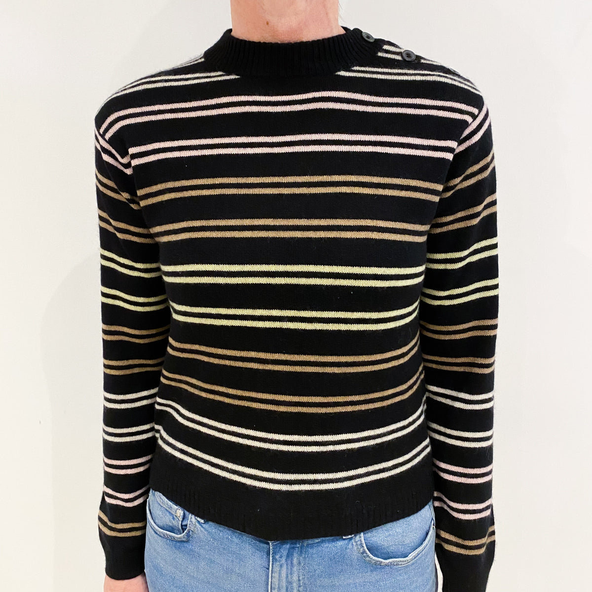 Black Striped Cashmere Crew Neck Jumper Small