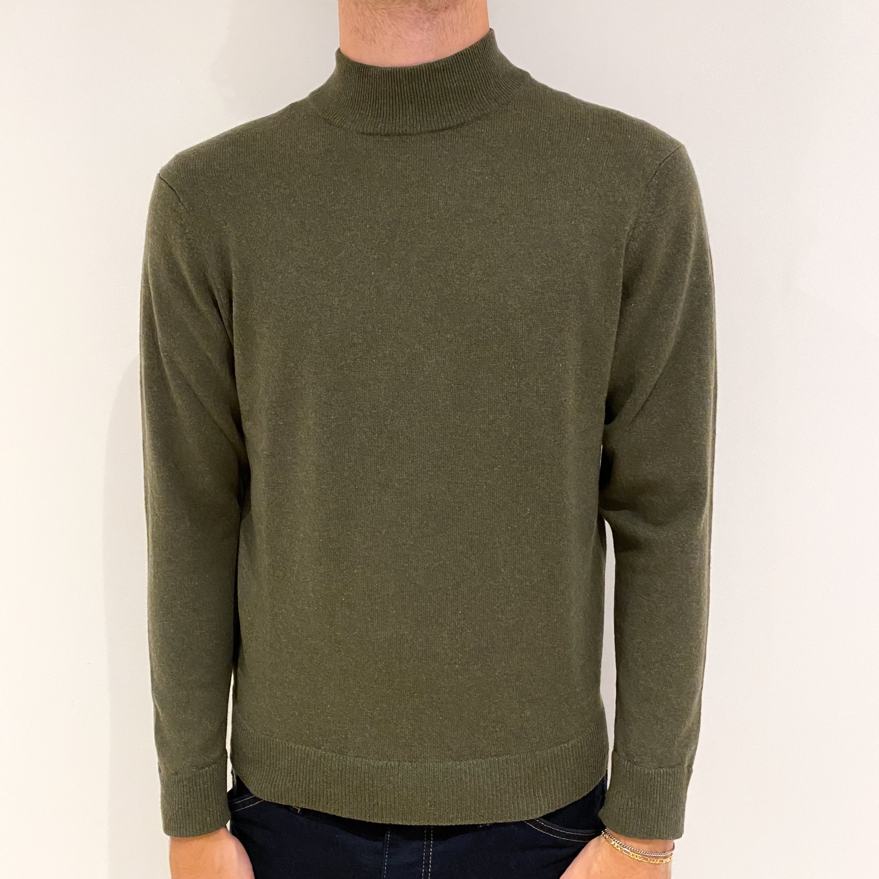 Men's Khaki Green Cashmere Turtle Neck Jumper Medium