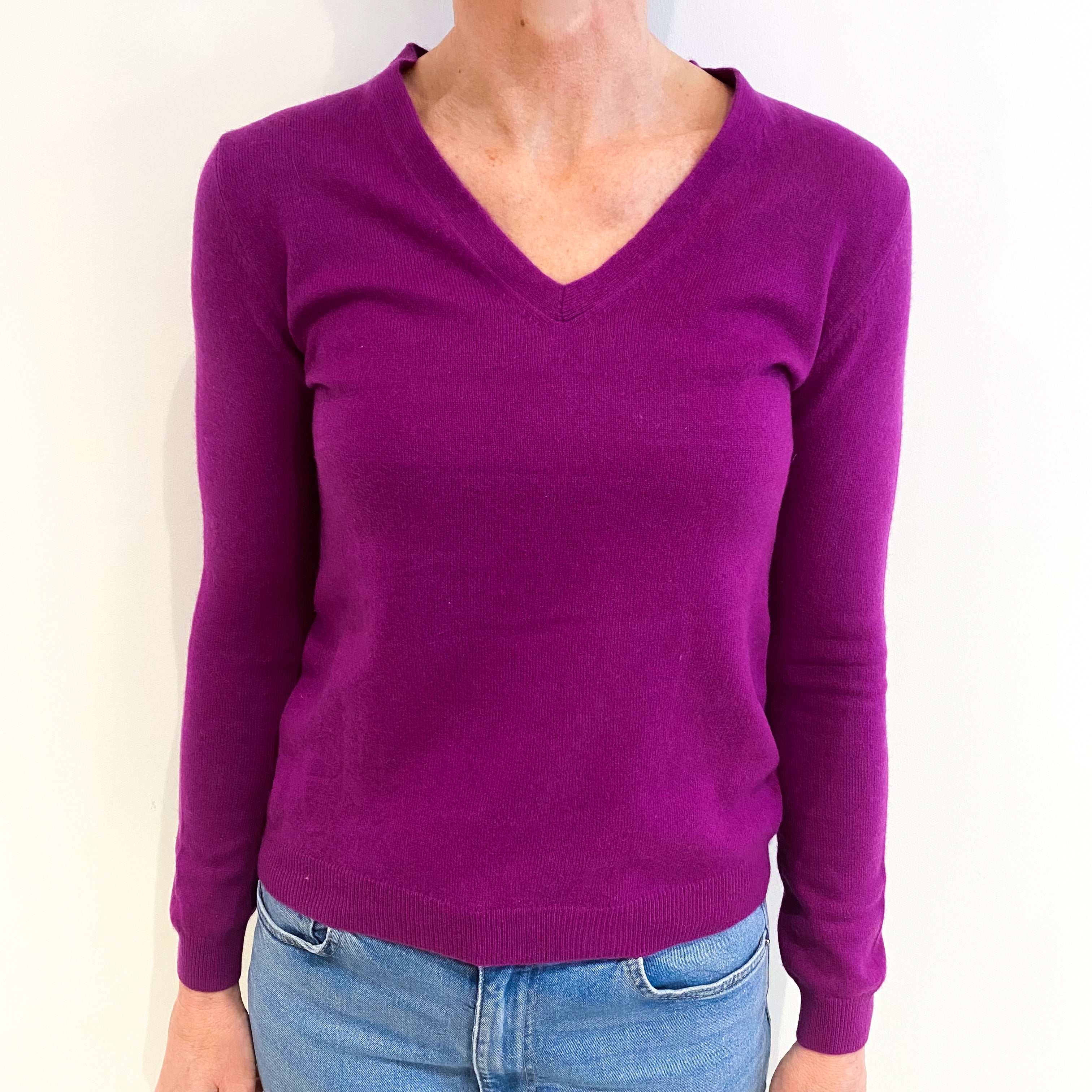 Magenta Purple Cashmere V Neck Jumper Small