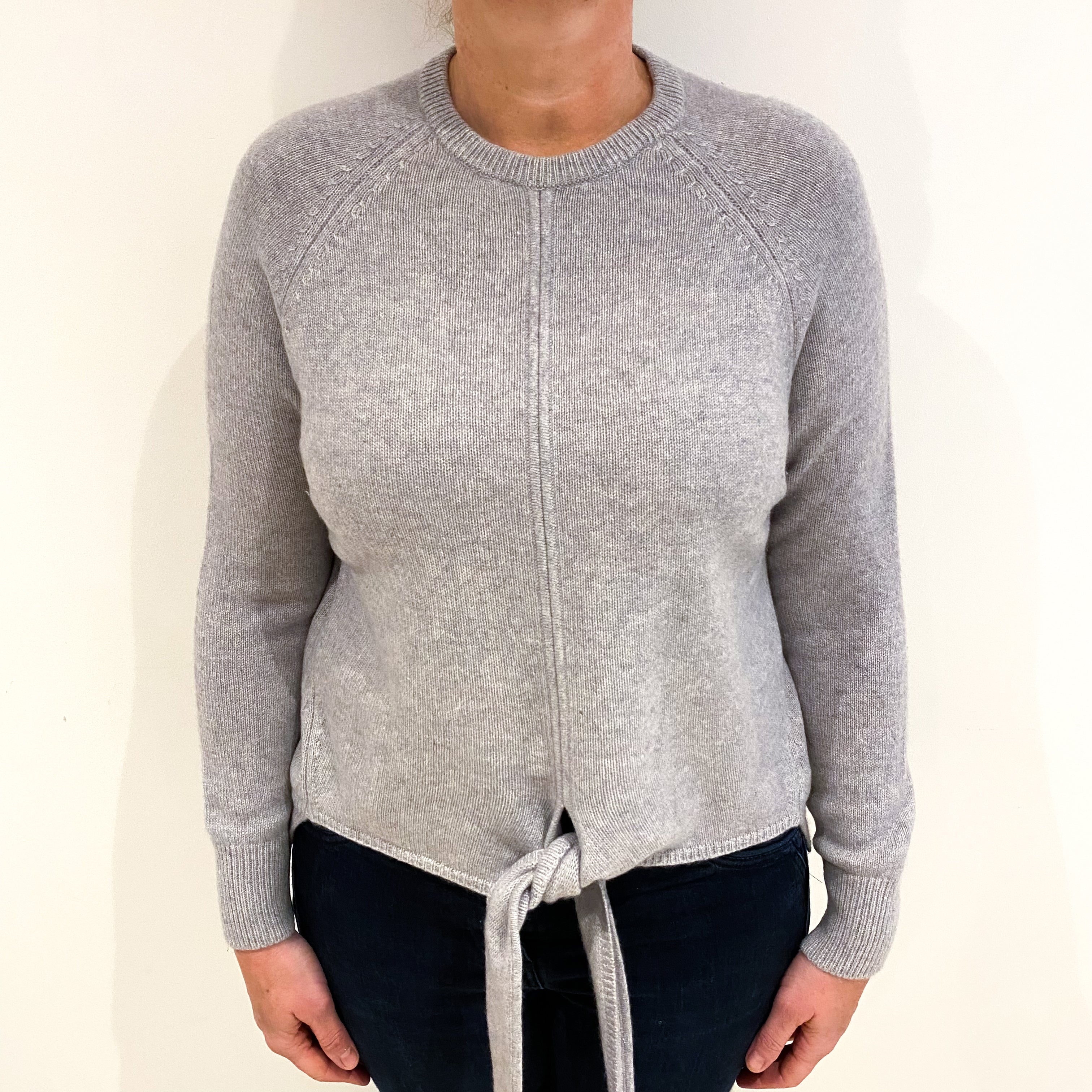 Smoke Grey Cashmere Tie Front Crew Neck Jumper Large