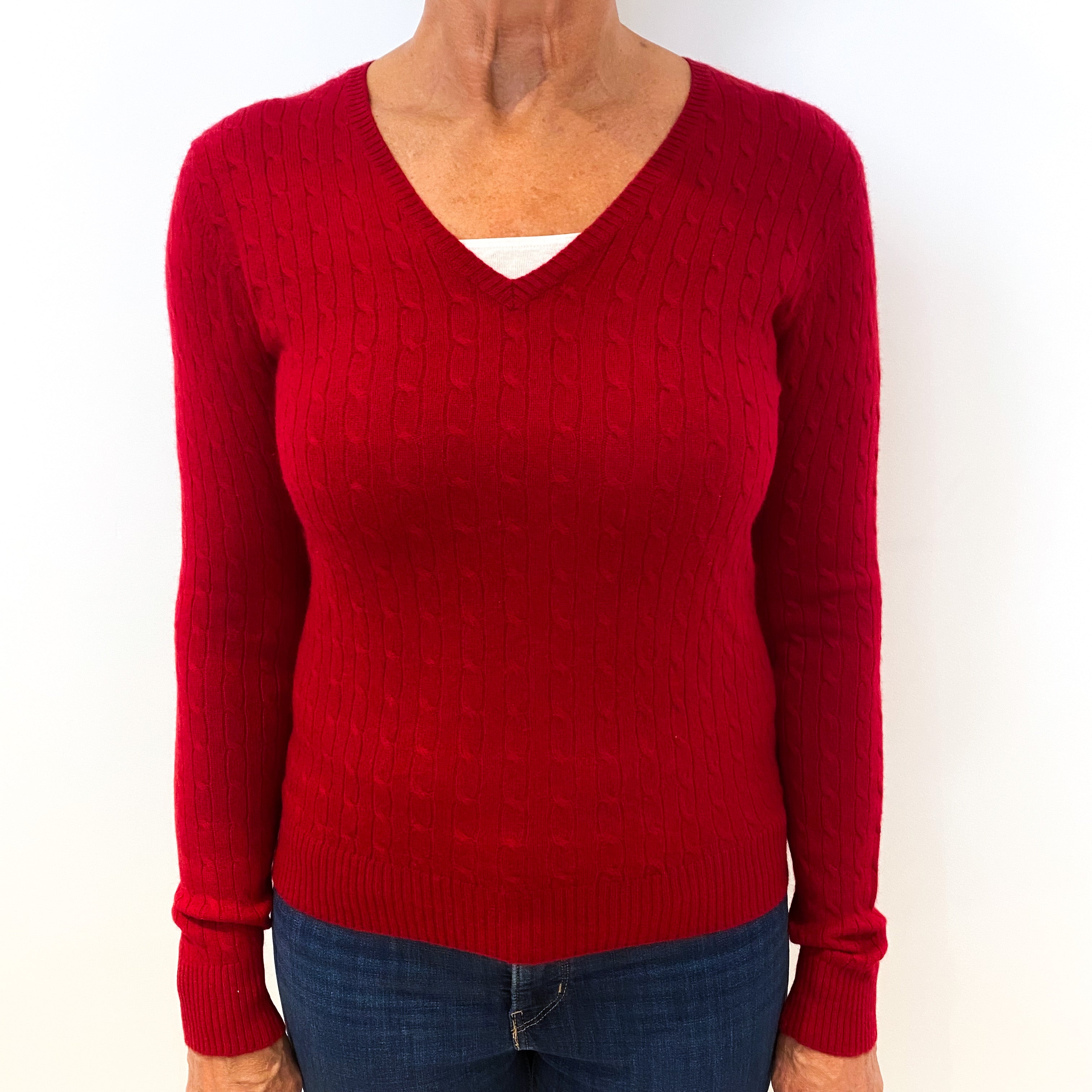 Scarlet Red Cable Knit Cashmere V-Neck Jumper Medium