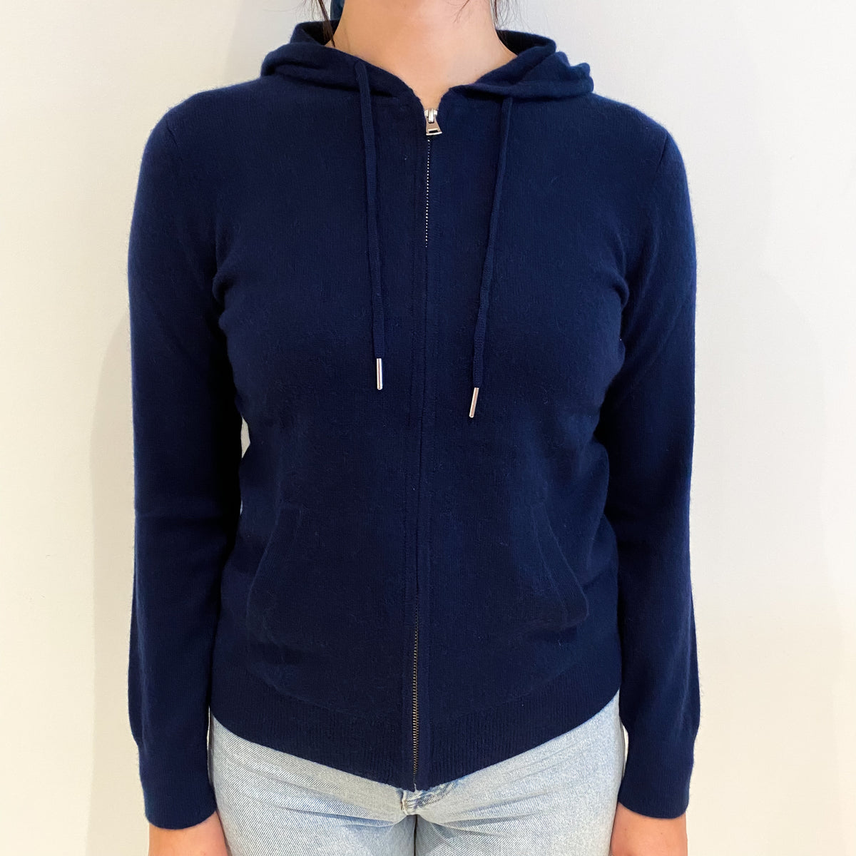 Navy Blue Cashmere Zip Up Hoodie With Pockets Small