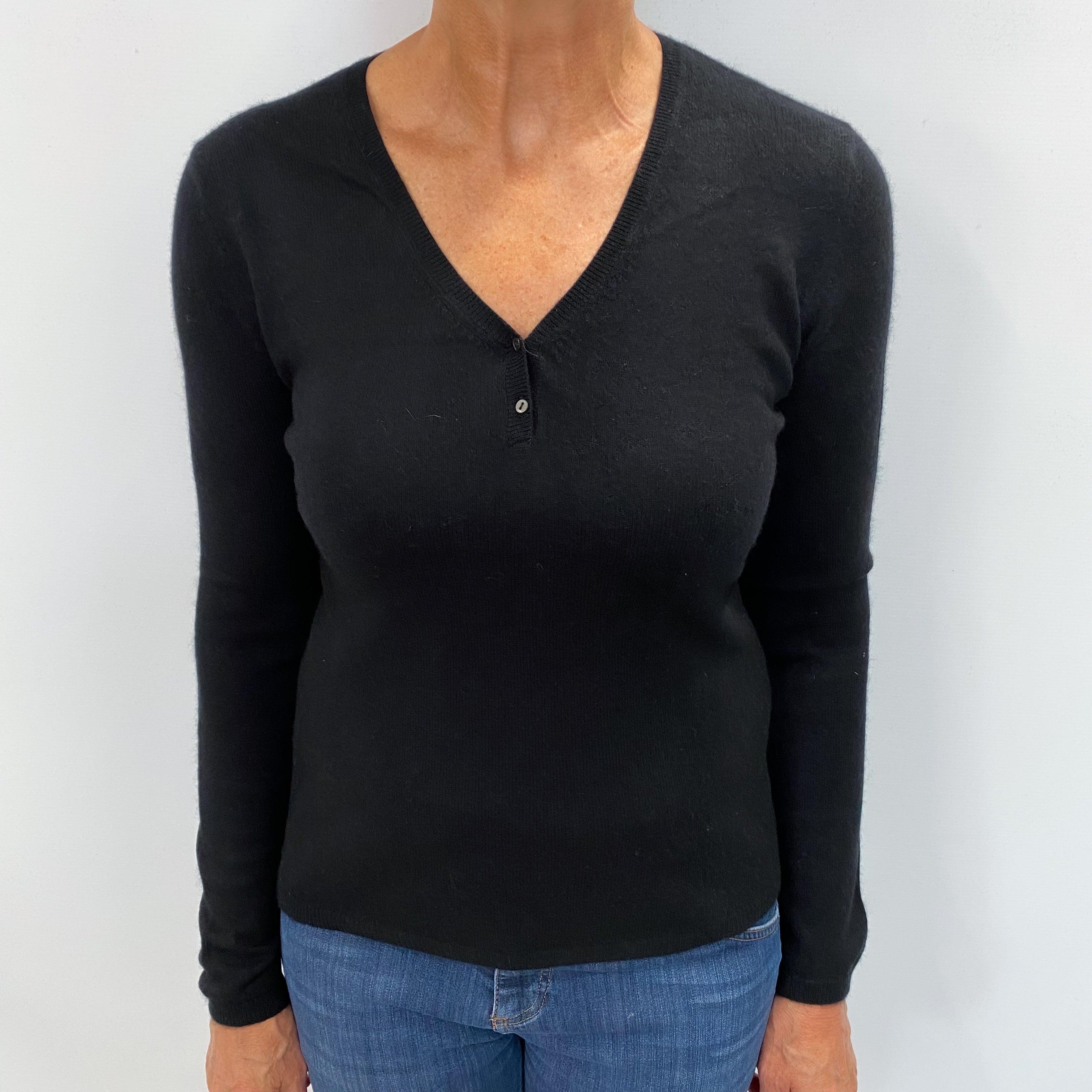 Black Cashmere Button Up V Neck Jumper Medium