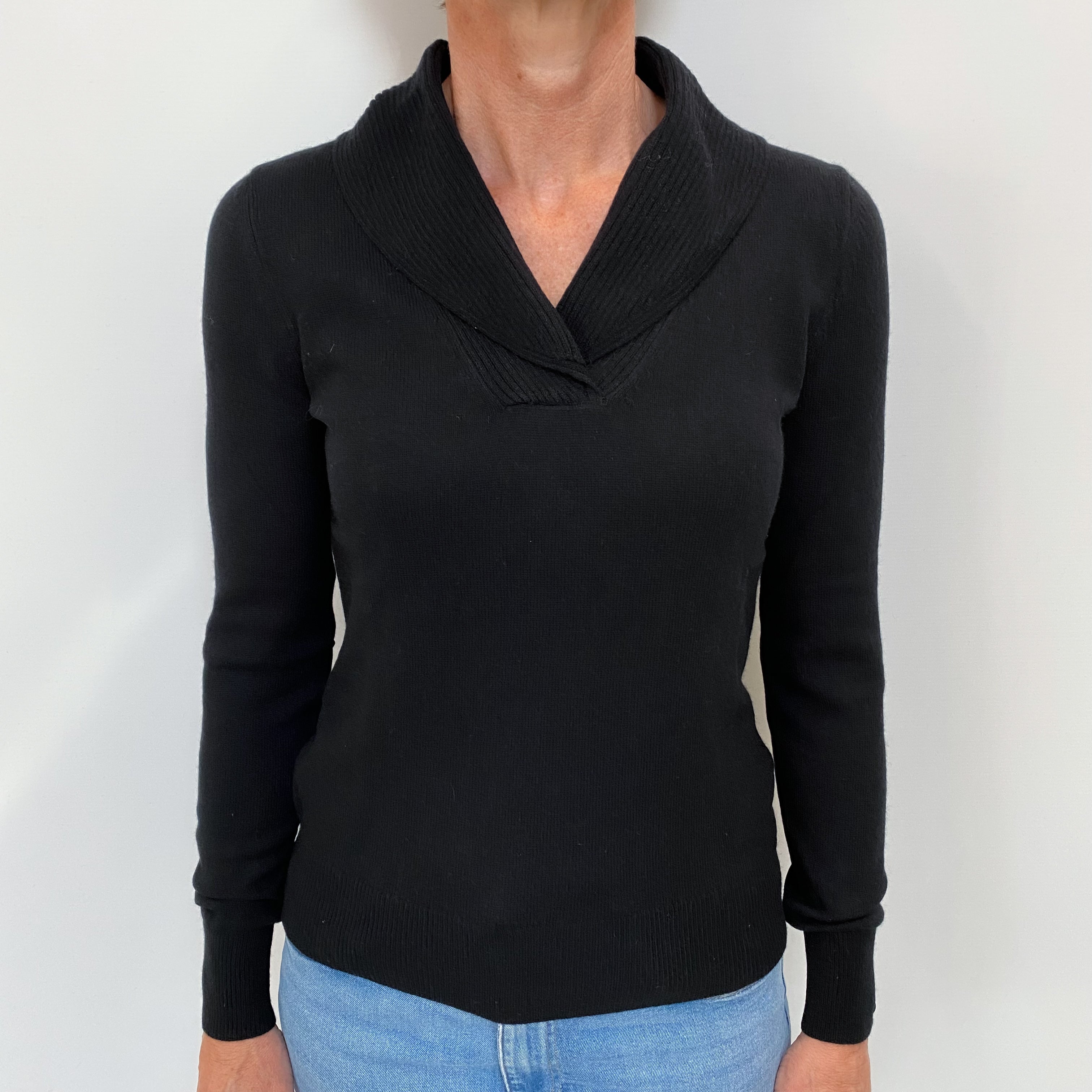 Black Cashmere Shawl Collar V Neck Jumper Small