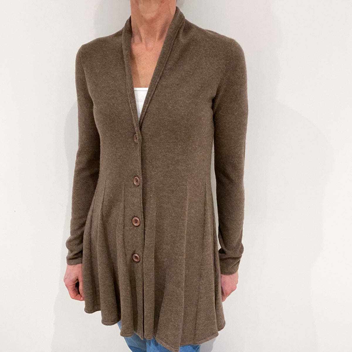 Mocha Brown Flared Hem Cashmere V Neck Cardigan Small