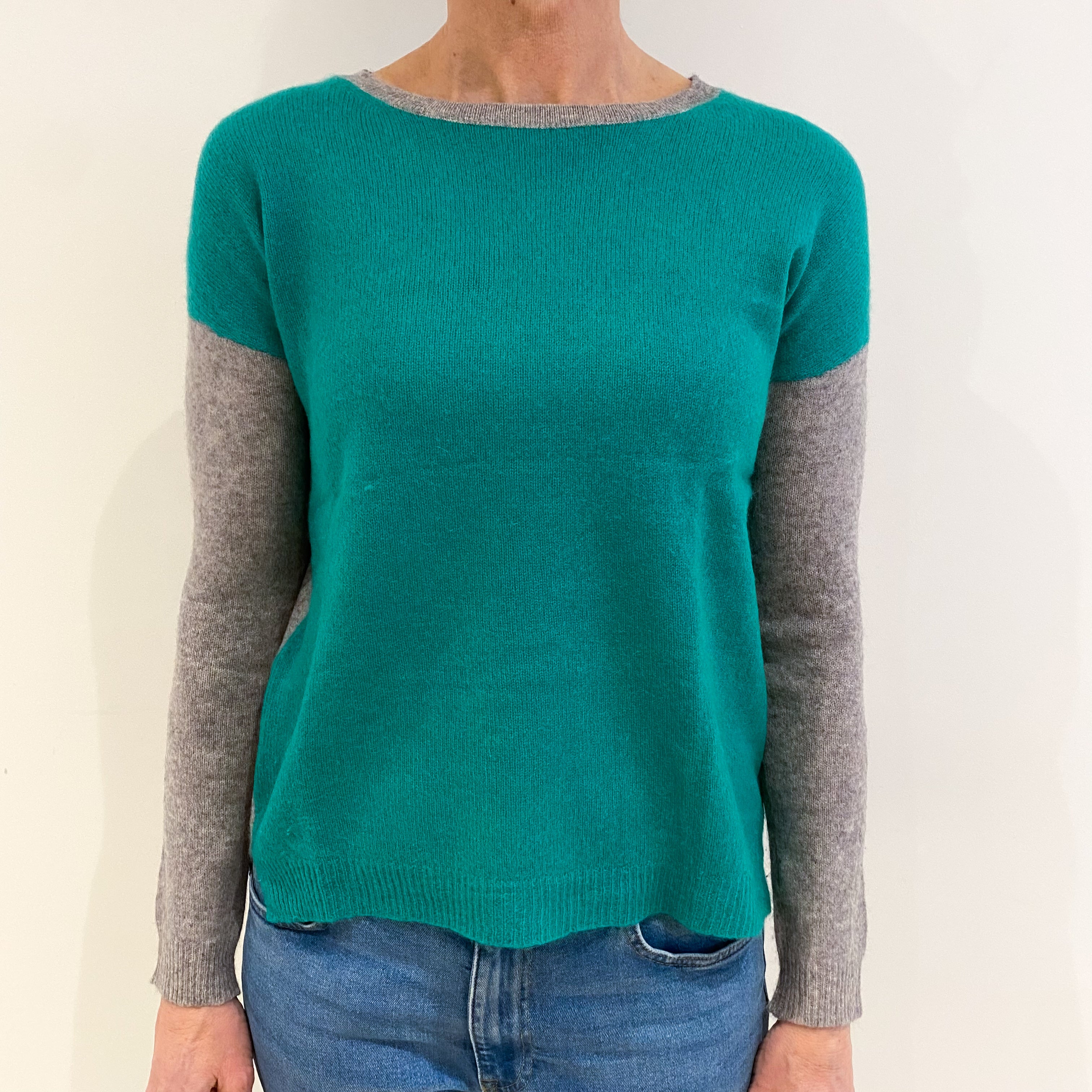 Jade Green and Smoke Grey Cashmere Crew Neck Jumper Small