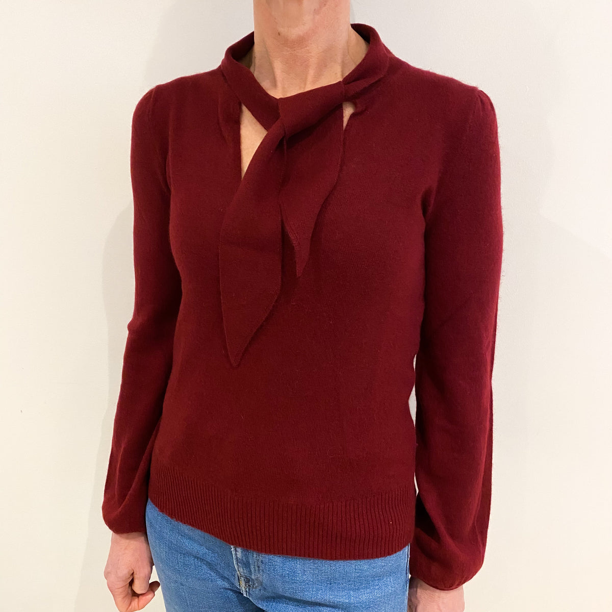 Burgundy Red Cashmere Tied V Neck Jumper Small