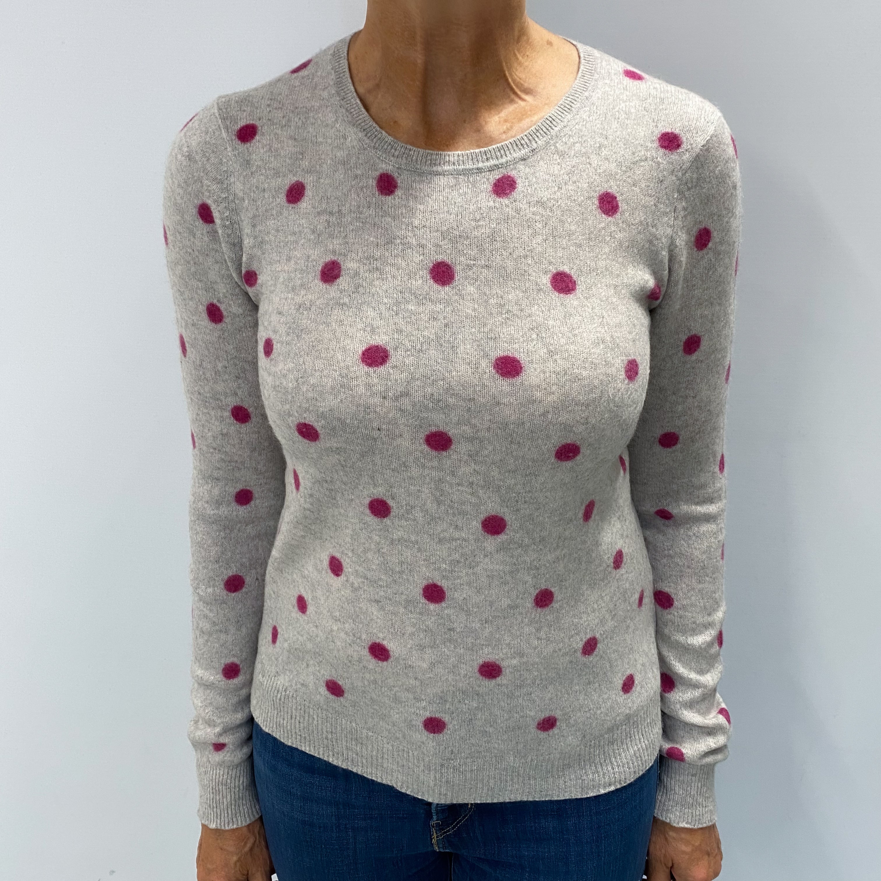Grey Magenta Polka Dot Cashmere Crew Neck Jumper Medium
