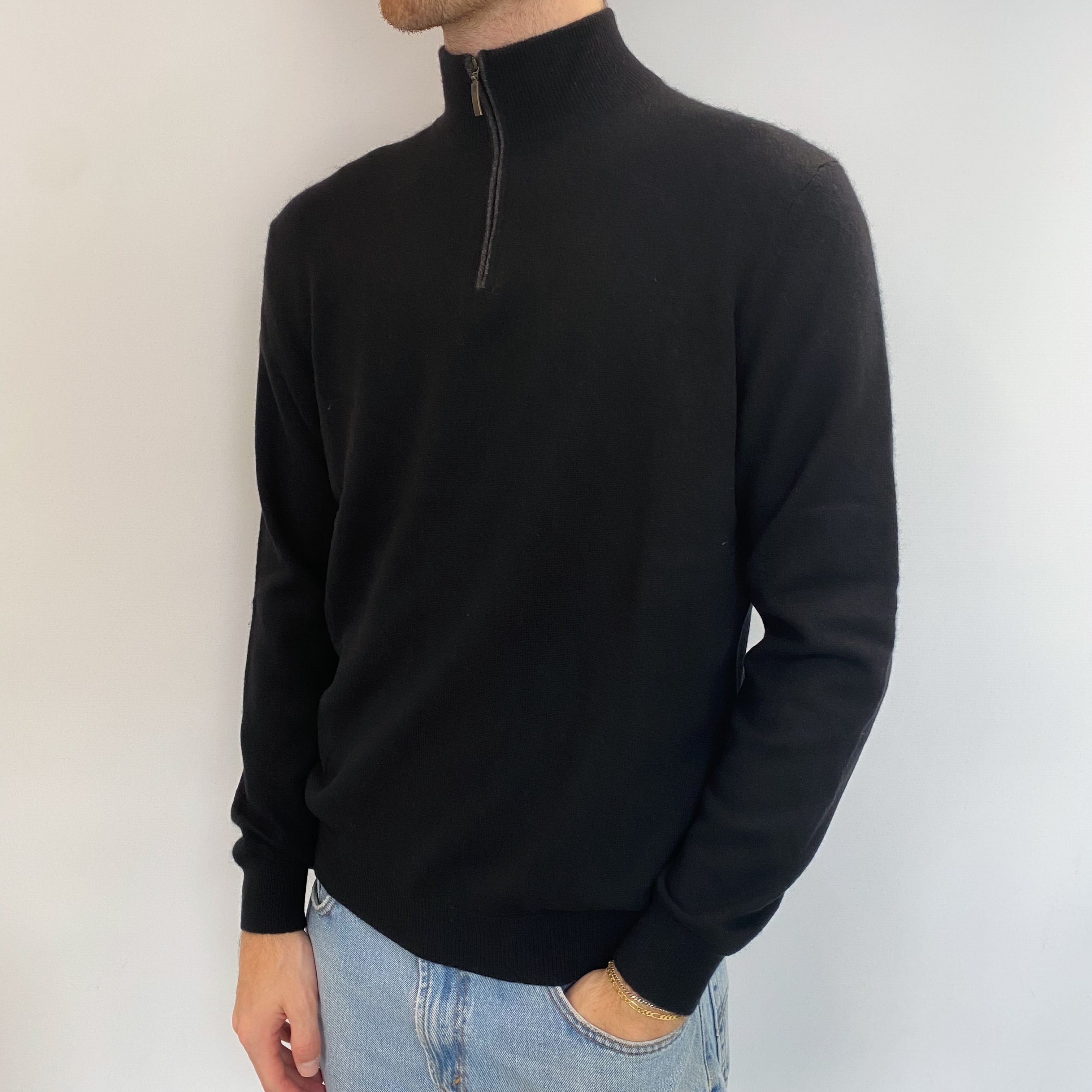 Men's Black Cashmere 1/4 Zip Jumper Medium