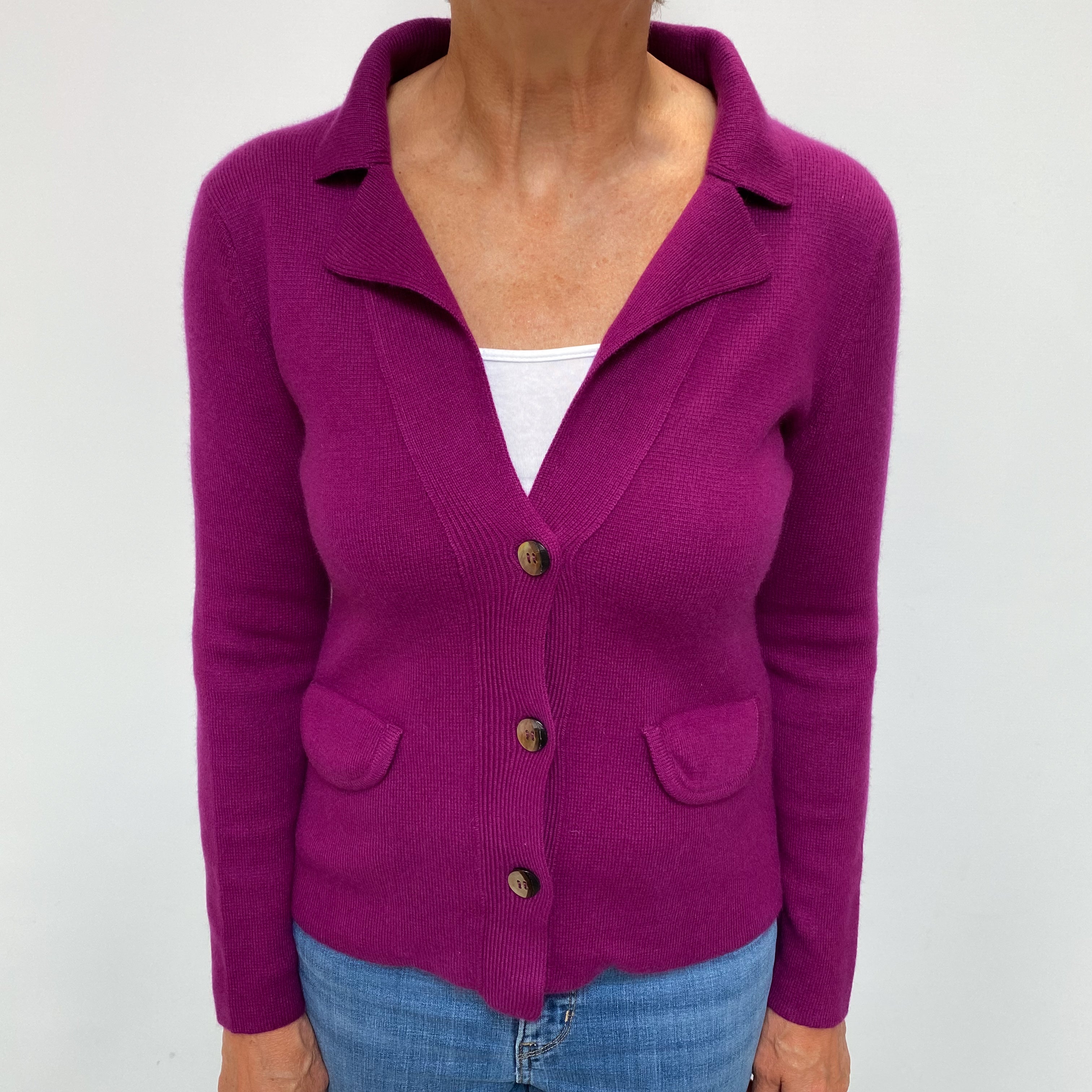 Magenta Purple Cashmere Collared with Pockets Cardigan Medium